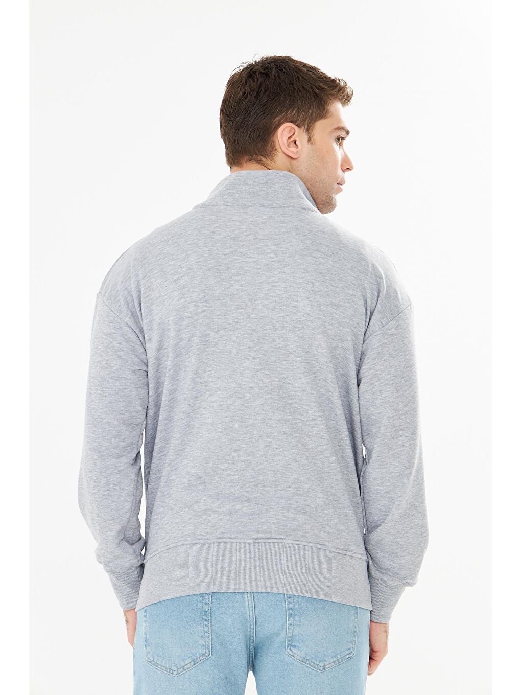 Erkek Tam Fermuarlı Pamuklu Eşofman Üstü Gri Melanj 9507-G-5