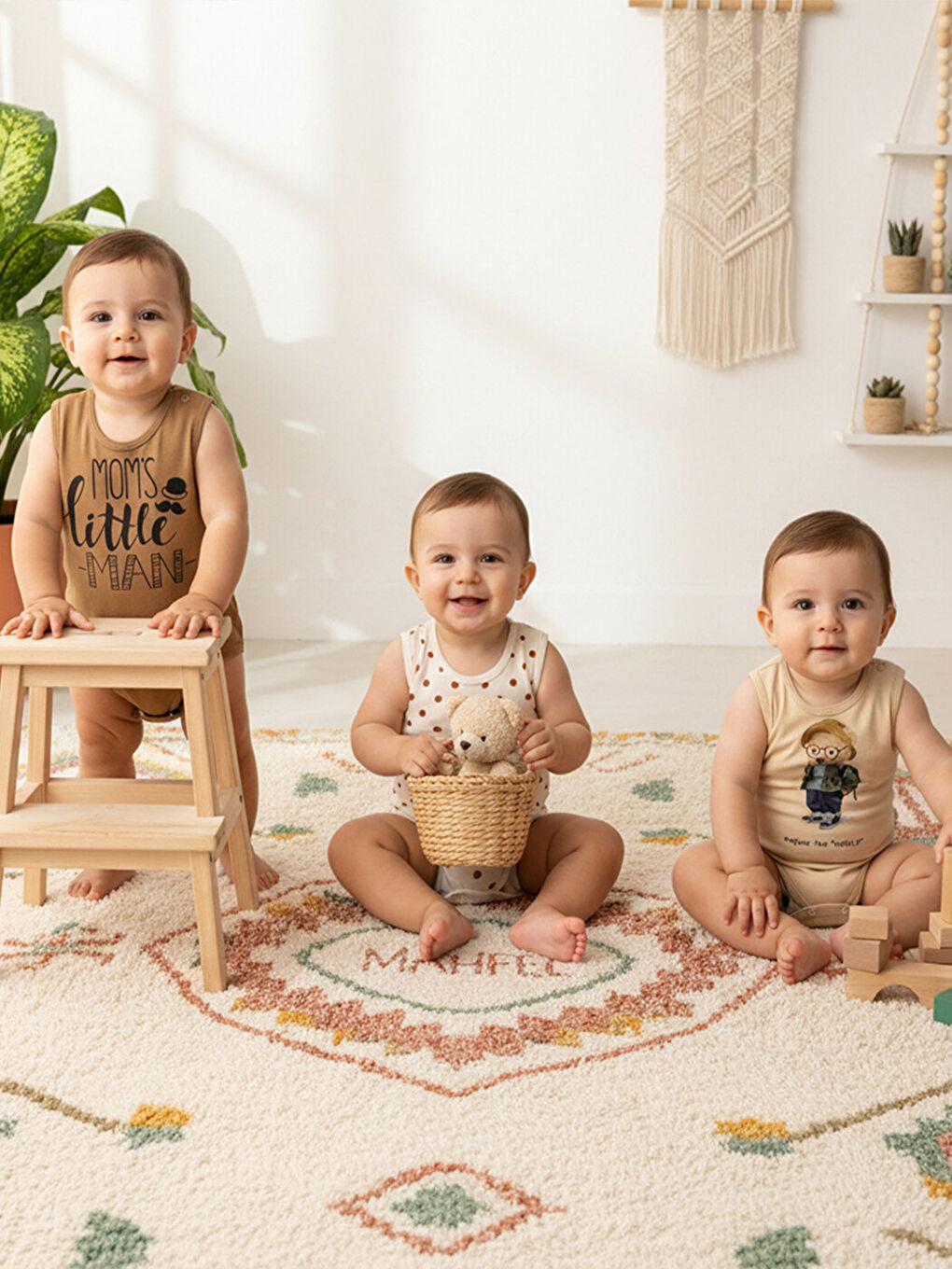 Kahverengi %100 Pamuklu 3'lü Atlet Çıtçıtlı Bebek Body Zıbın 829-715-1