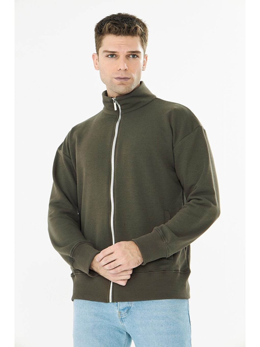 Erkek Tam Fermuarlı Pamuklu Eşofman Üstü Haki 9507-H-1