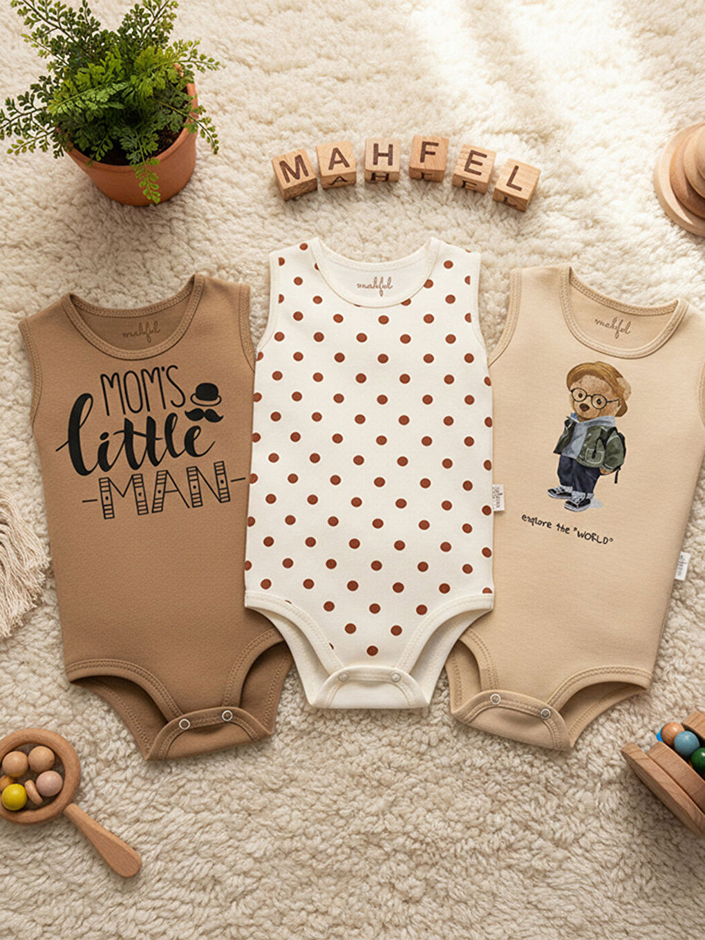 Kahverengi %100 Pamuklu 3'lü Atlet Çıtçıtlı Bebek Body Zıbın 829-715-2