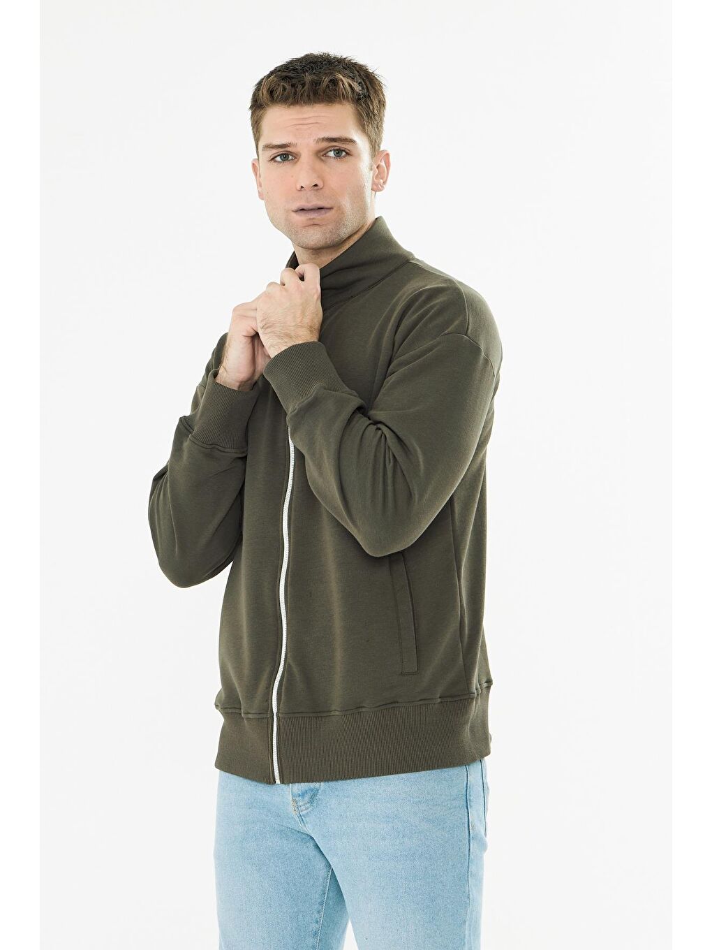 Erkek Tam Fermuarlı Pamuklu Eşofman Üstü Haki 9507-H-2