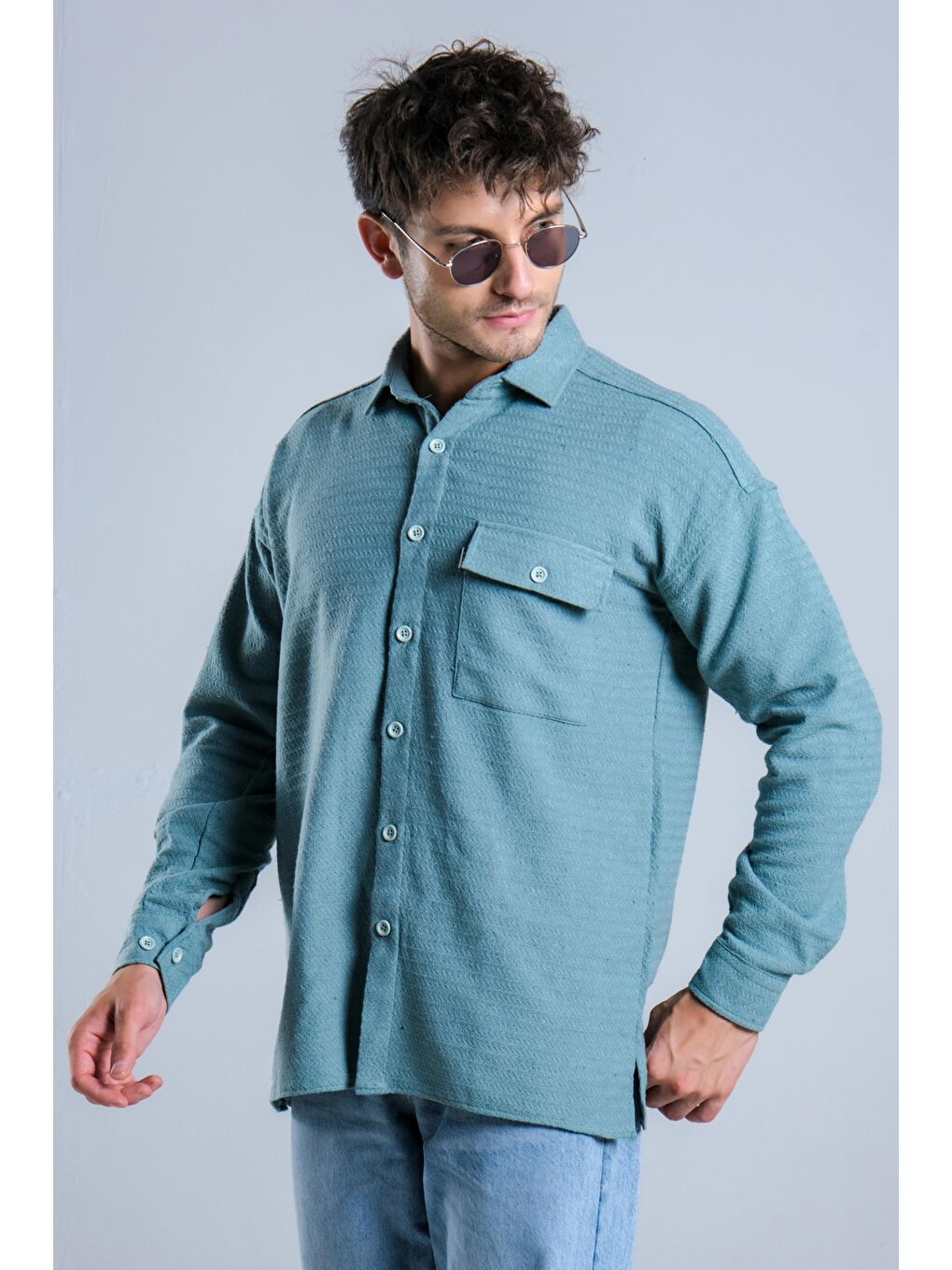 Yeşil Oversize Tek Cepli Örme Gömlek MAR Over22-5