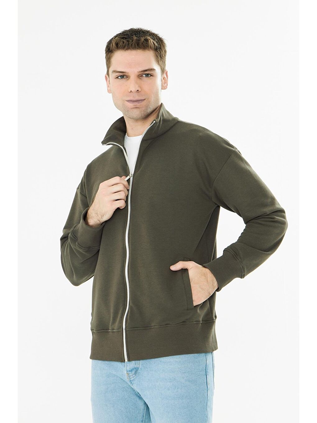 Erkek Tam Fermuarlı Pamuklu Eşofman Üstü Haki 9507-H-3