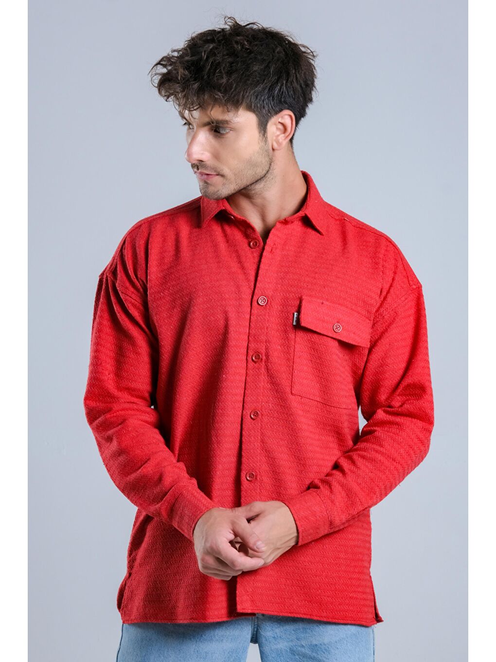 Kırmızı Oversize Tek Cepli Örme Gömlek MAR Over22