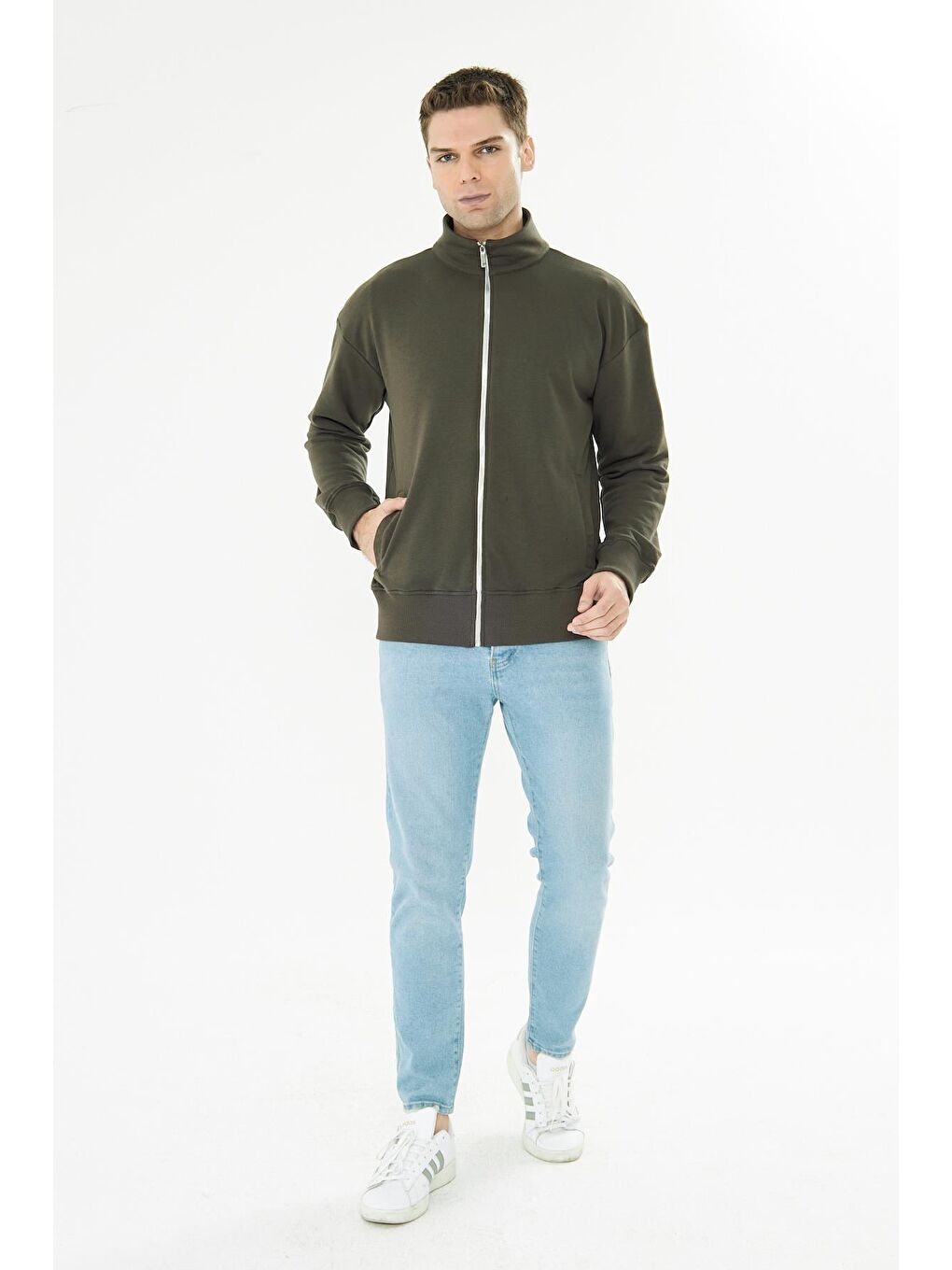 Erkek Tam Fermuarlı Pamuklu Eşofman Üstü Haki 9507-H-4