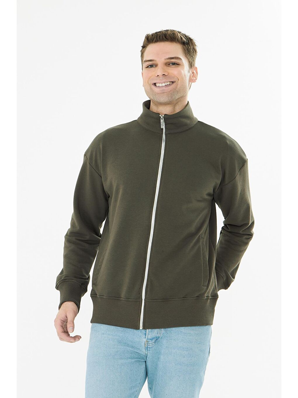 Erkek Tam Fermuarlı Pamuklu Eşofman Üstü Haki 9507-H-5