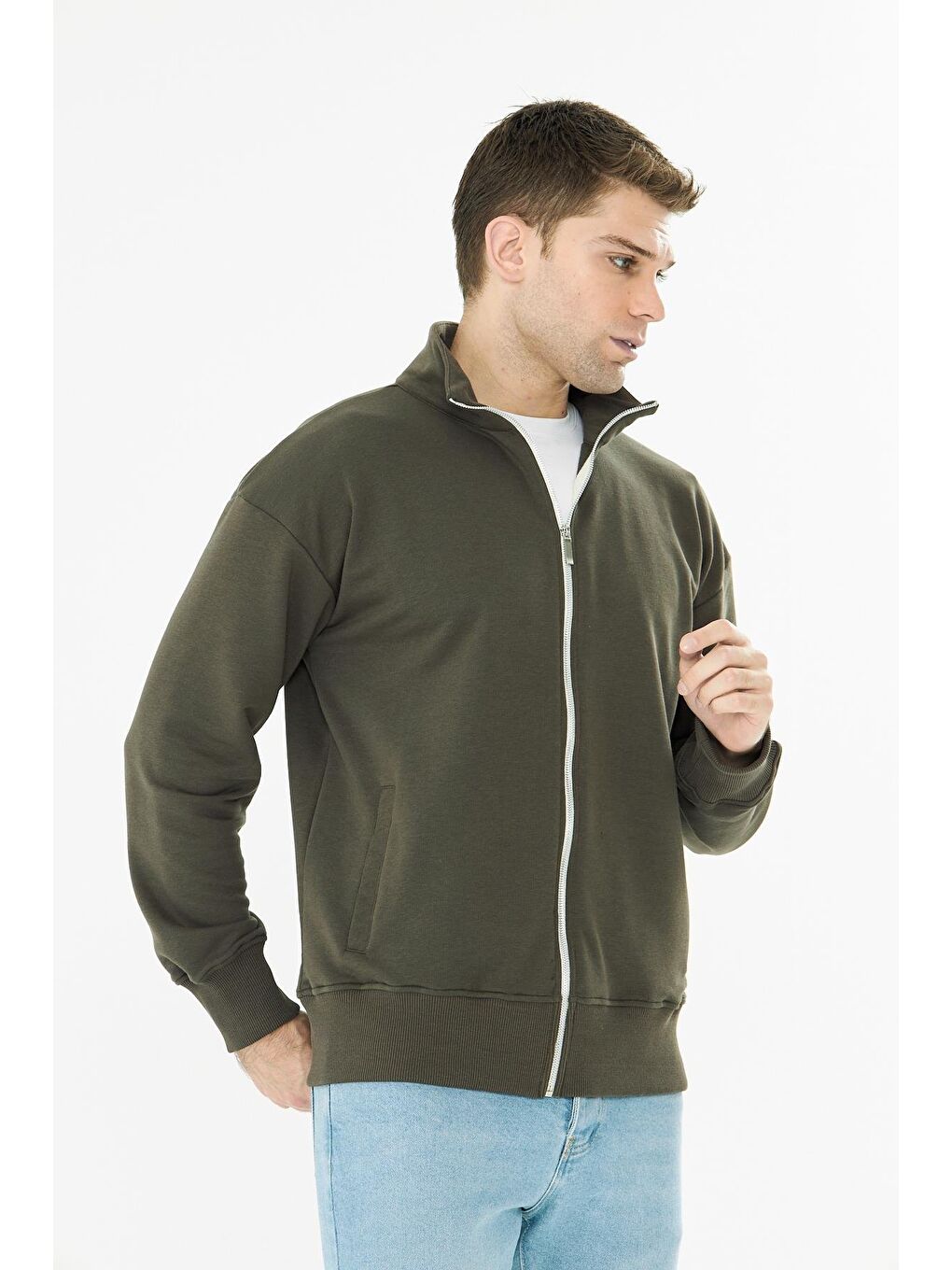 Erkek Tam Fermuarlı Pamuklu Eşofman Üstü Haki 9507-H-6