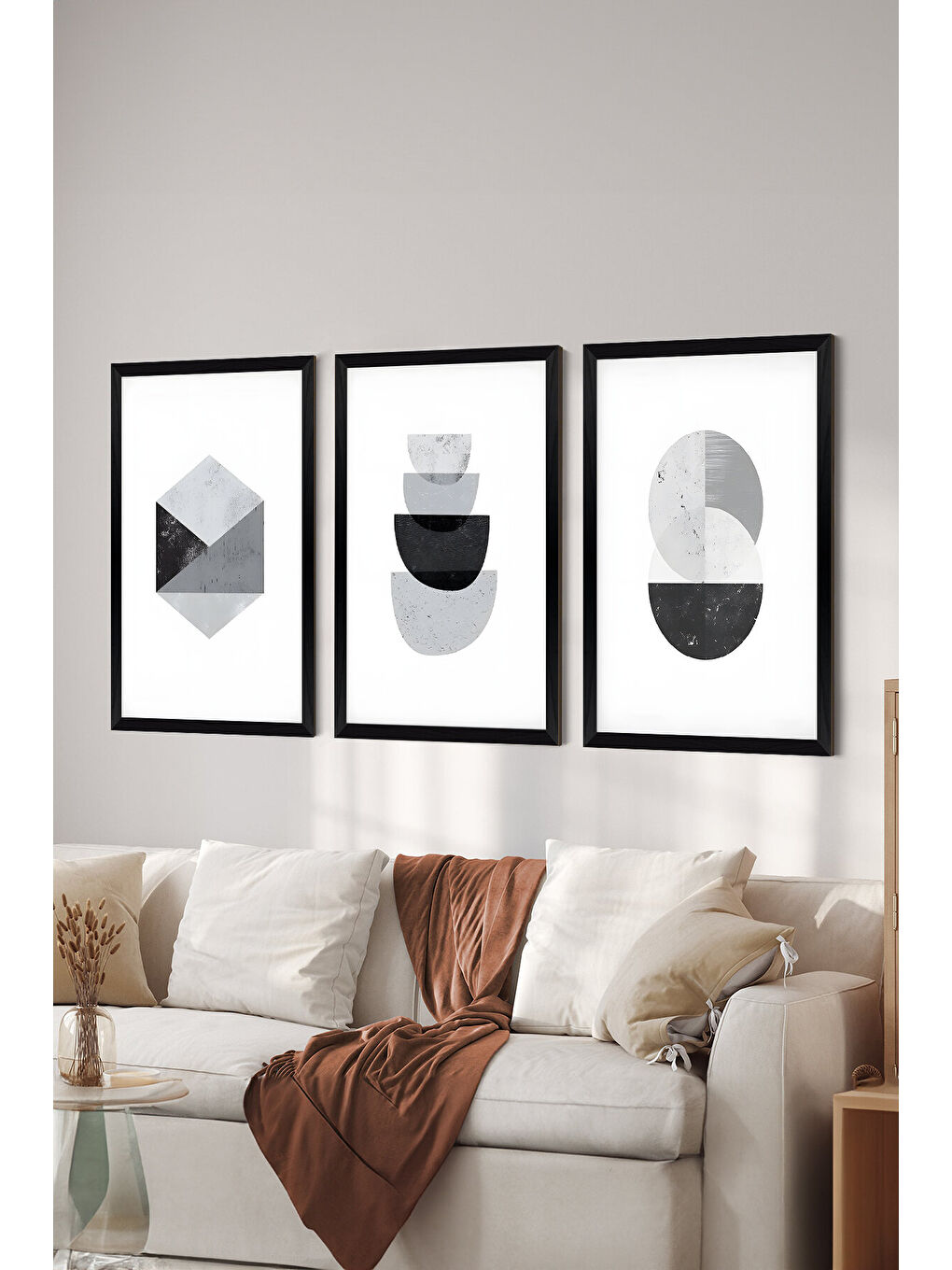 Beyaz 3 Parça Siyah Çerçeve Görünümlü MDF Poster Tablo Seti - Set 37 - ERSY3DSYHSET37-3348
