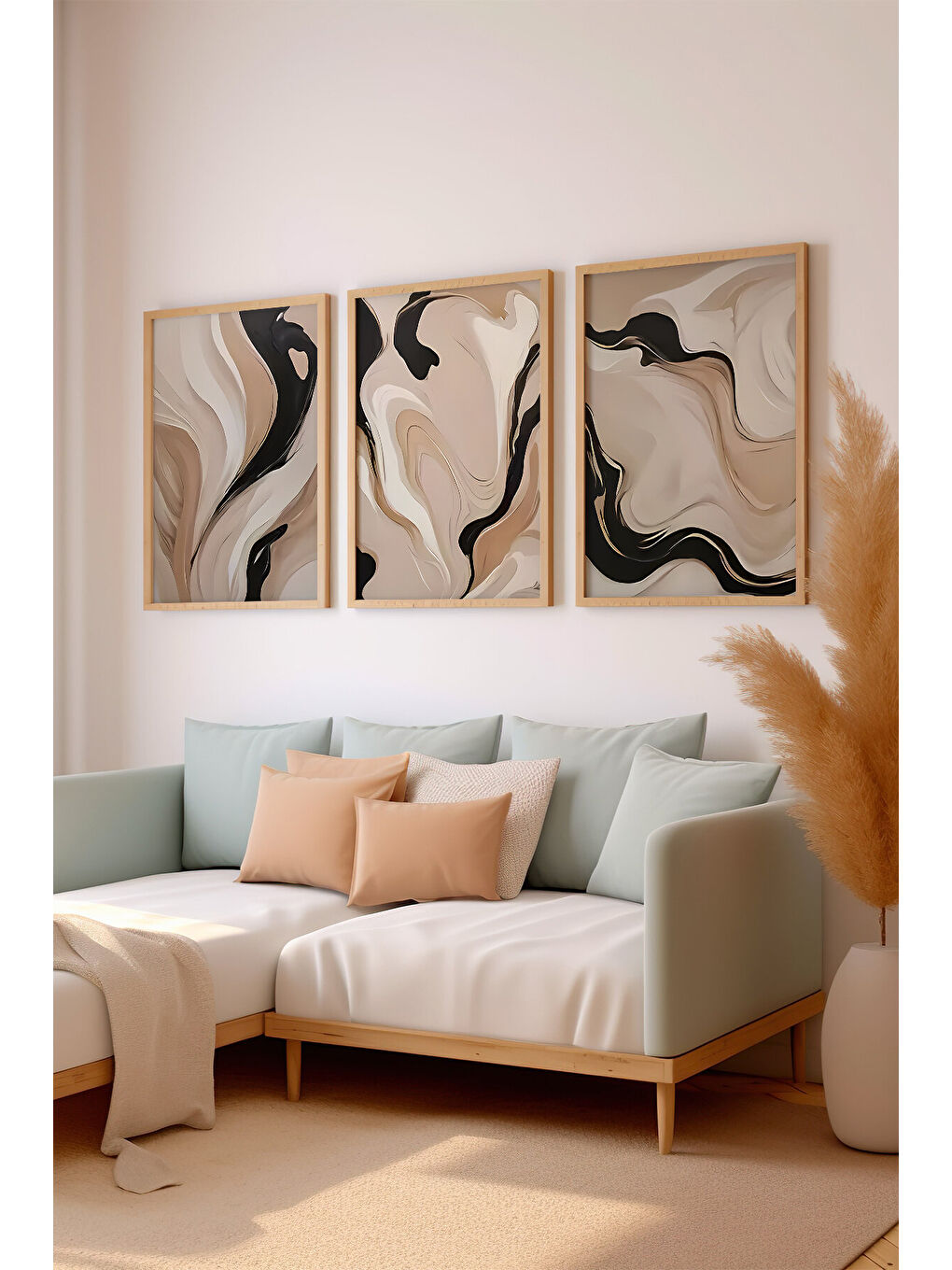 Beyaz 3 Parça Ham Renk Gerçek Ahşap Çerçeveli Tablo Seti - Model 3 - 50 x 70