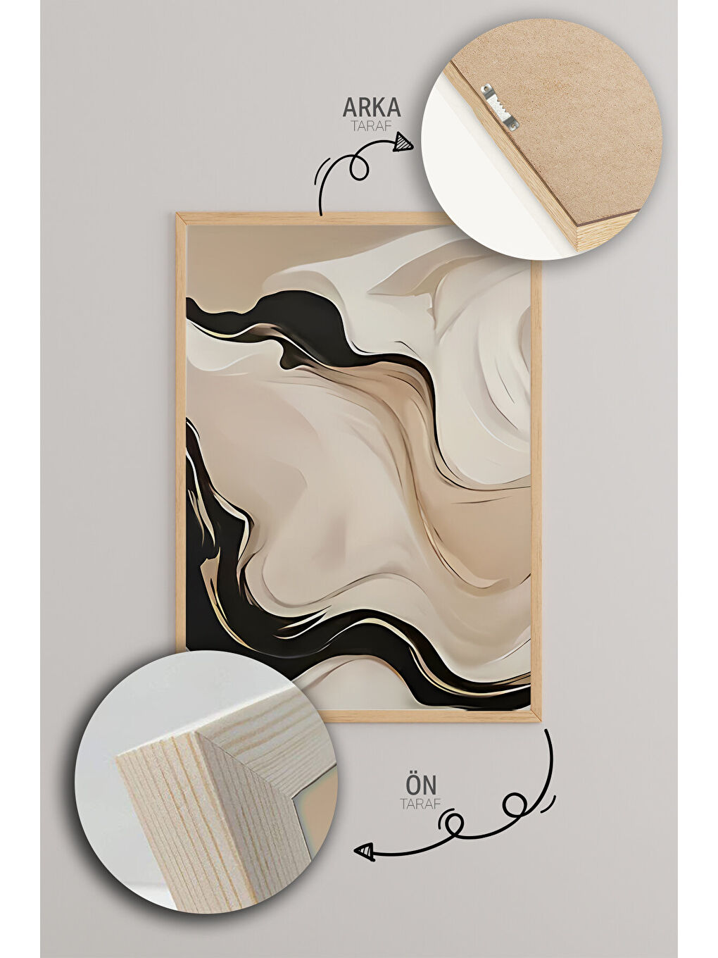 Beyaz 3 Parça Ham Renk Gerçek Ahşap Çerçeveli Tablo Seti - Model 3 - 50 x 70-4