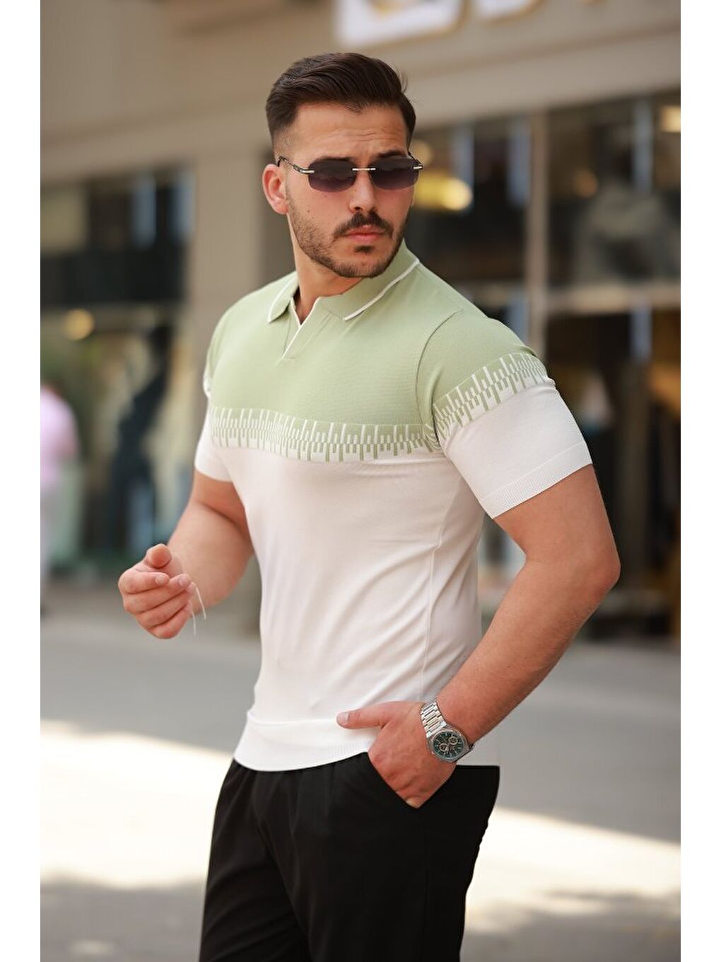 Yeşil Erkek Hemşire Yaka Çift Renk Kısa Kollu Tişört-1