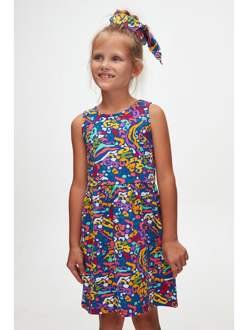 Karışık Abstract Leopard Kız Çocuk Desenli Kolsuz Elbise-1