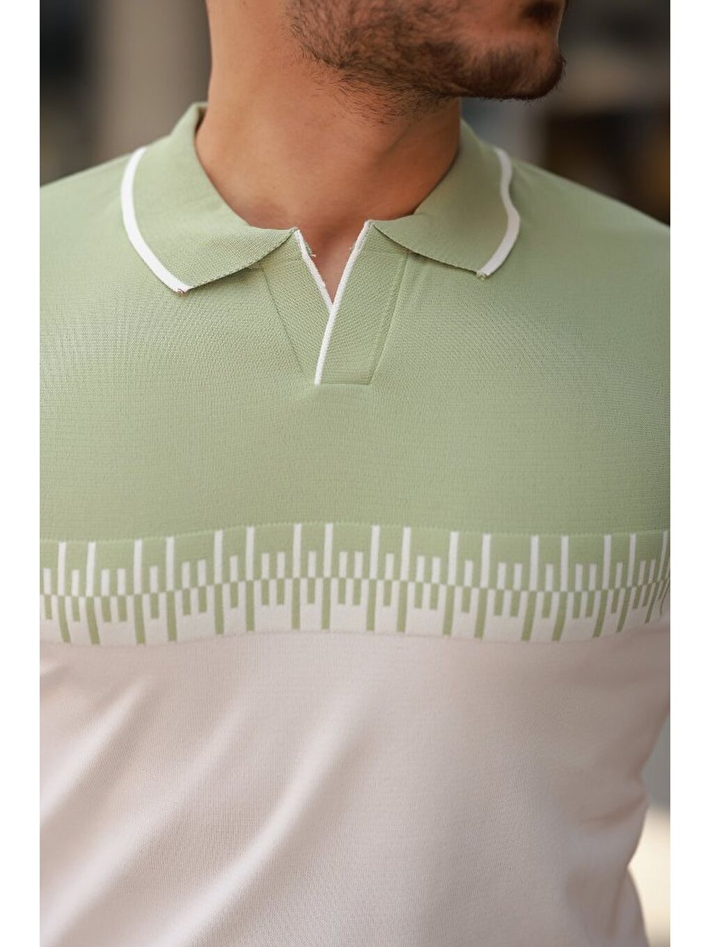 Yeşil Erkek Hemşire Yaka Çift Renk Kısa Kollu Tişört-2