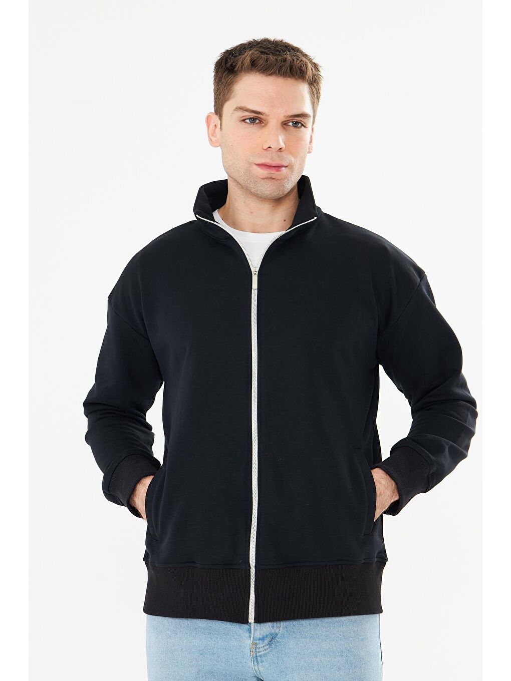 Erkek Tam Fermuarlı Pamuklu Eşofman Üstü Siyah 9507-S-1