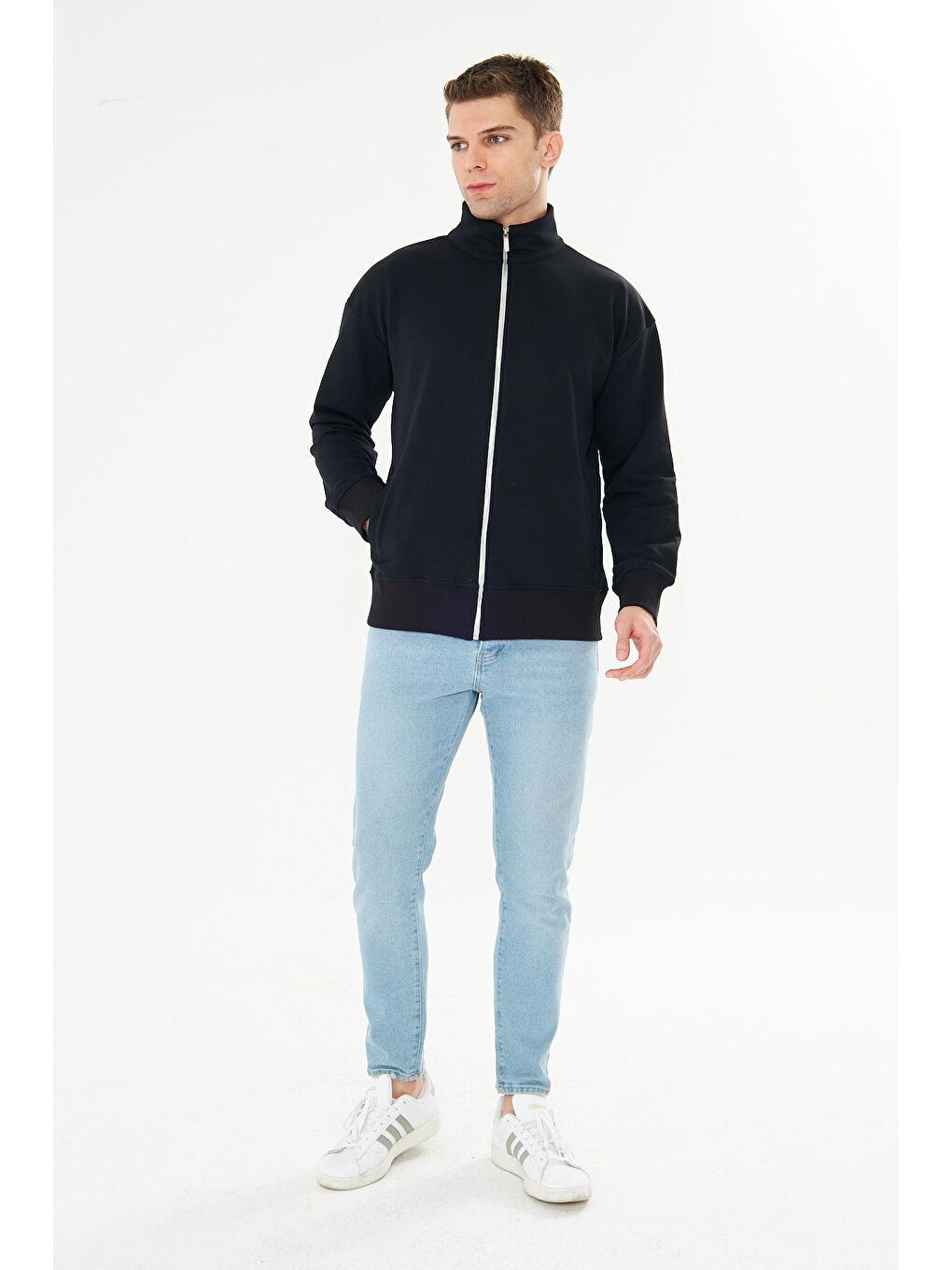 Erkek Tam Fermuarlı Pamuklu Eşofman Üstü Siyah 9507-S-2