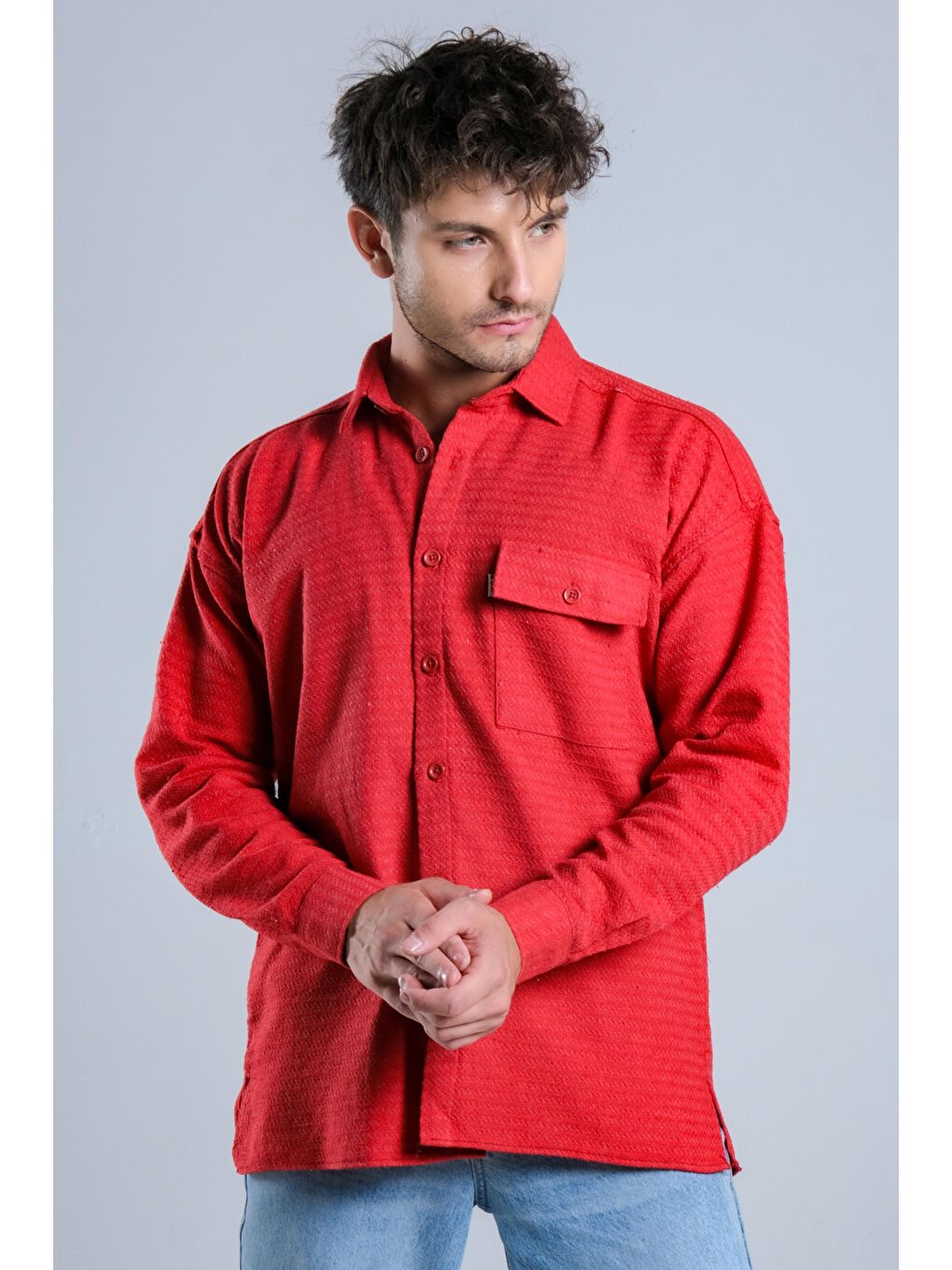 Kırmızı Oversize Tek Cepli Örme Gömlek MAR Over22-1
