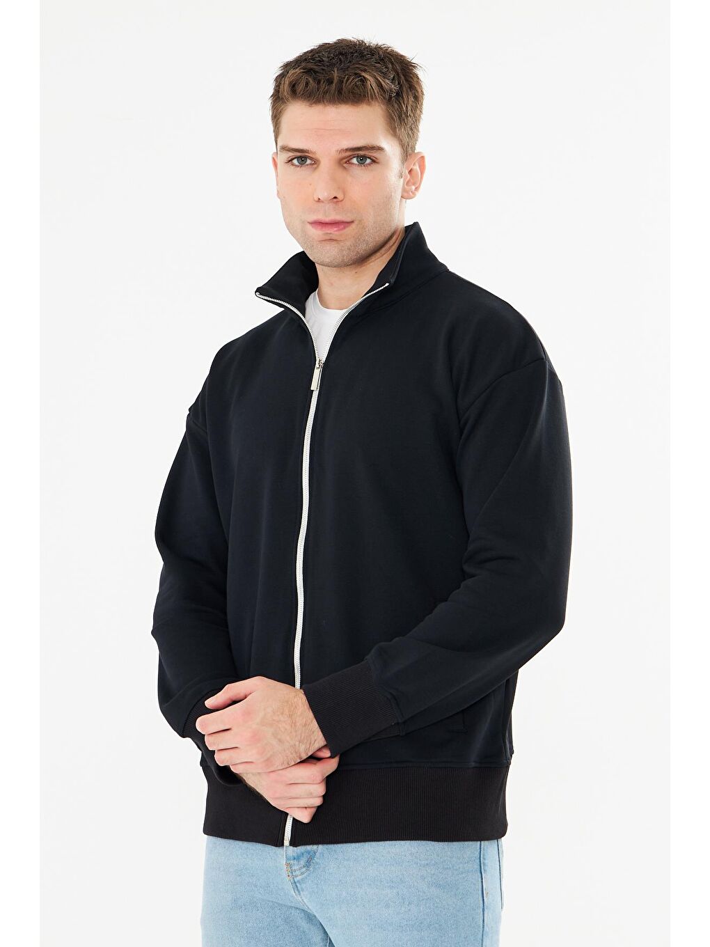 Erkek Tam Fermuarlı Pamuklu Eşofman Üstü Siyah 9507-S-3