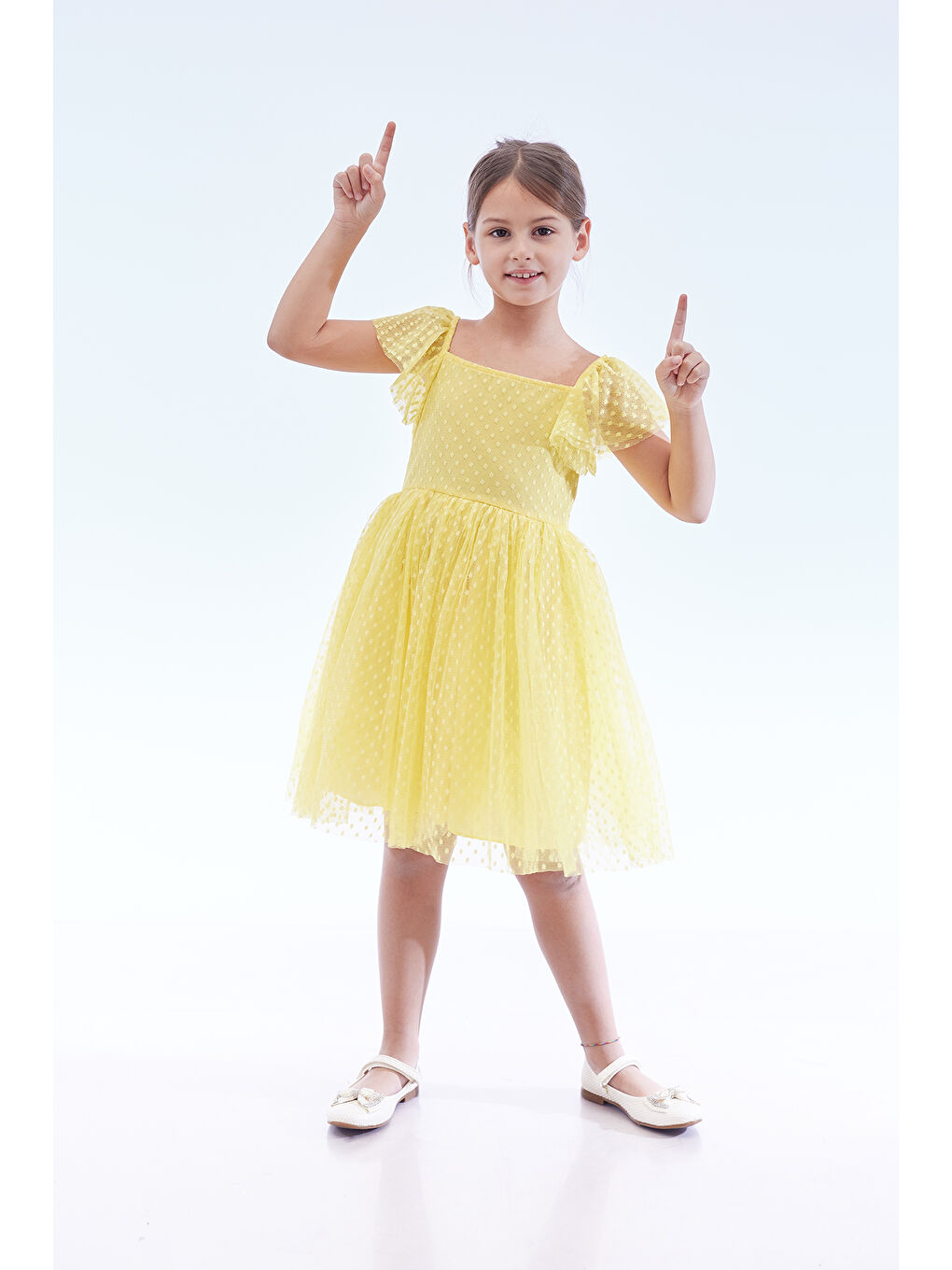 Sarı Kız Çocuk Kare Yaka Trend Tül Elbise AK2242-1