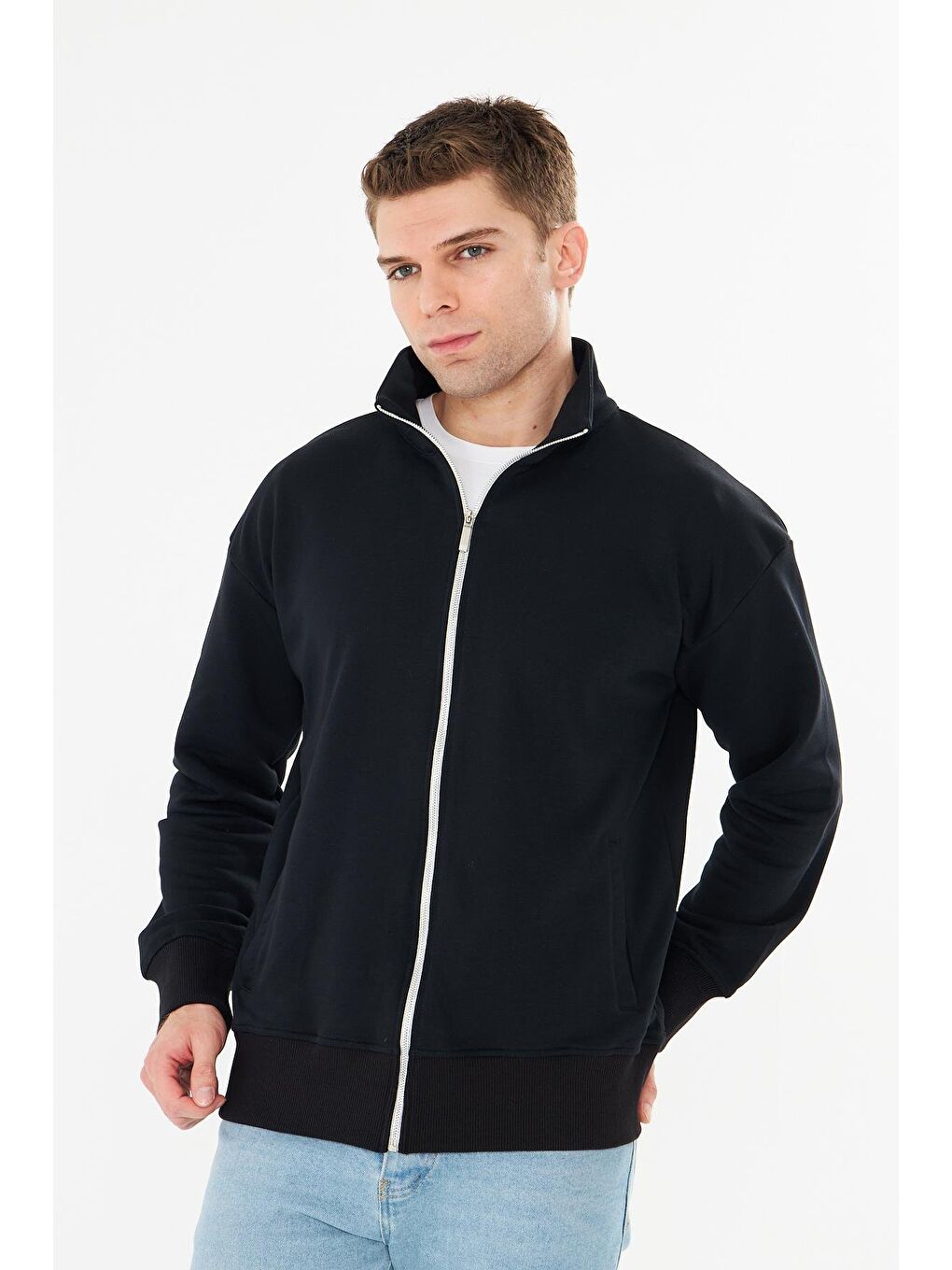 Erkek Tam Fermuarlı Pamuklu Eşofman Üstü Siyah 9507-S-4