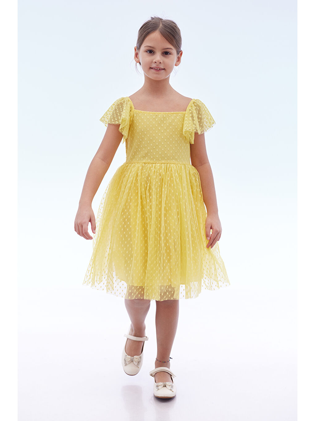 Sarı Kız Çocuk Kare Yaka Trend Tül Elbise AK2242-2