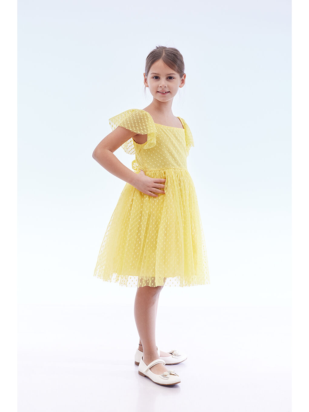 Sarı Kız Çocuk Kare Yaka Trend Tül Elbise AK2242-3