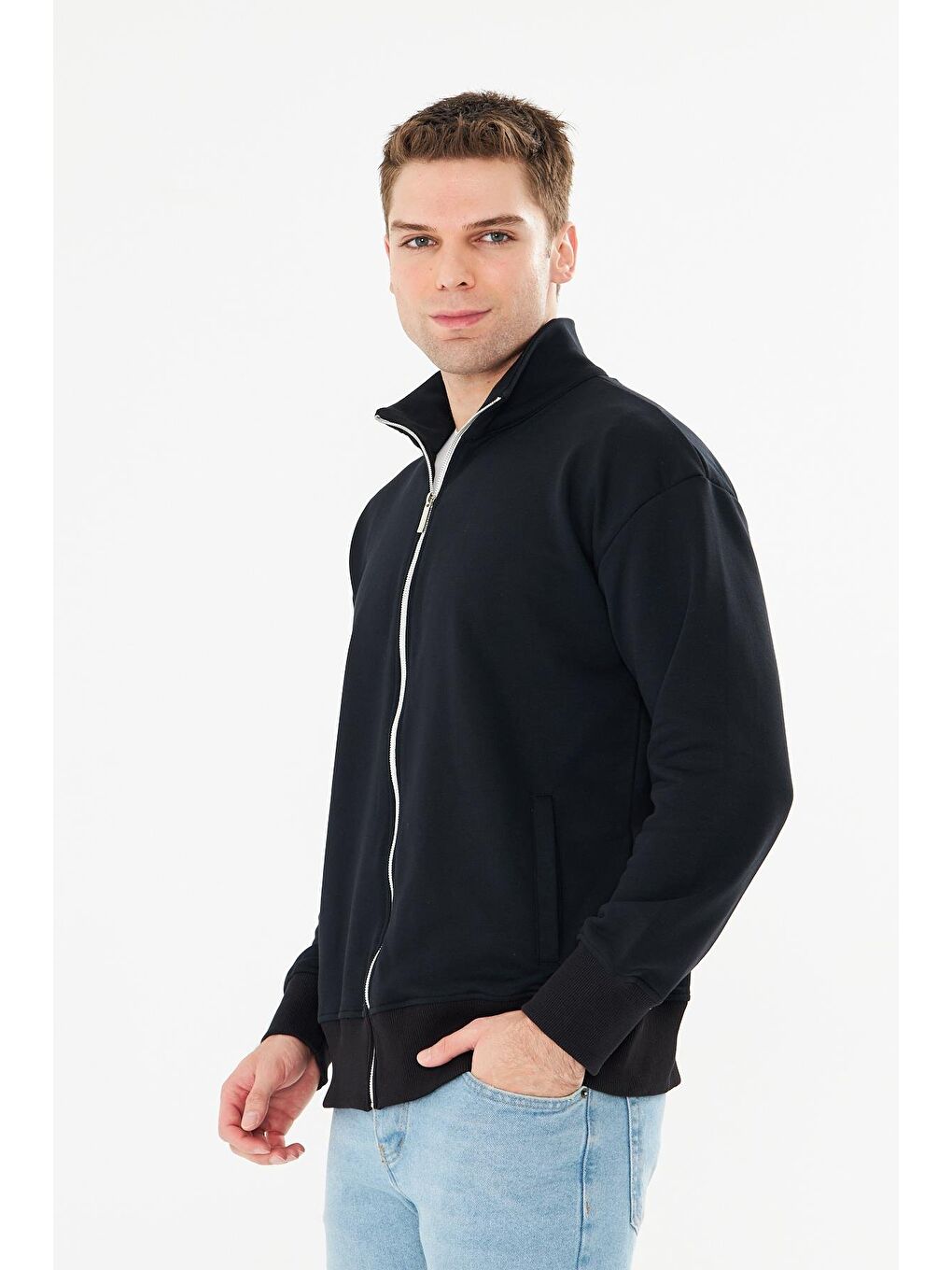 Erkek Tam Fermuarlı Pamuklu Eşofman Üstü Siyah 9507-S-5