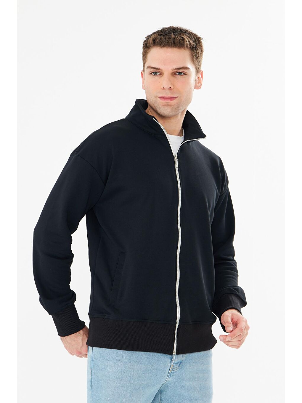 Erkek Tam Fermuarlı Pamuklu Eşofman Üstü Siyah 9507-S-6