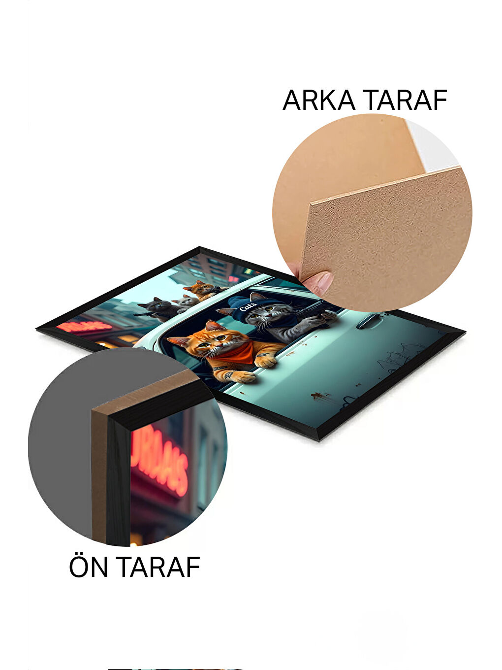 Beyaz Tek Parça Siyah Çerçeve Görünümlü Kedi Baskılı MDF 48x33 cm Tablo - Model 9-1