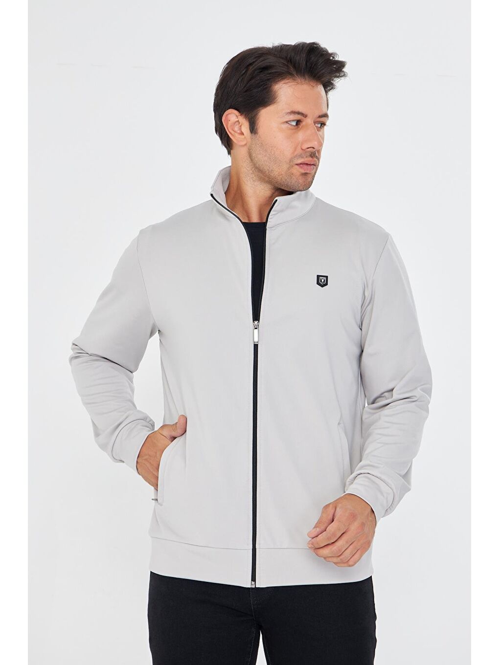 Erkek Tam Fermuarlı Şardonlu Dalgıç Sweatshirt Gri 5256Sw-G