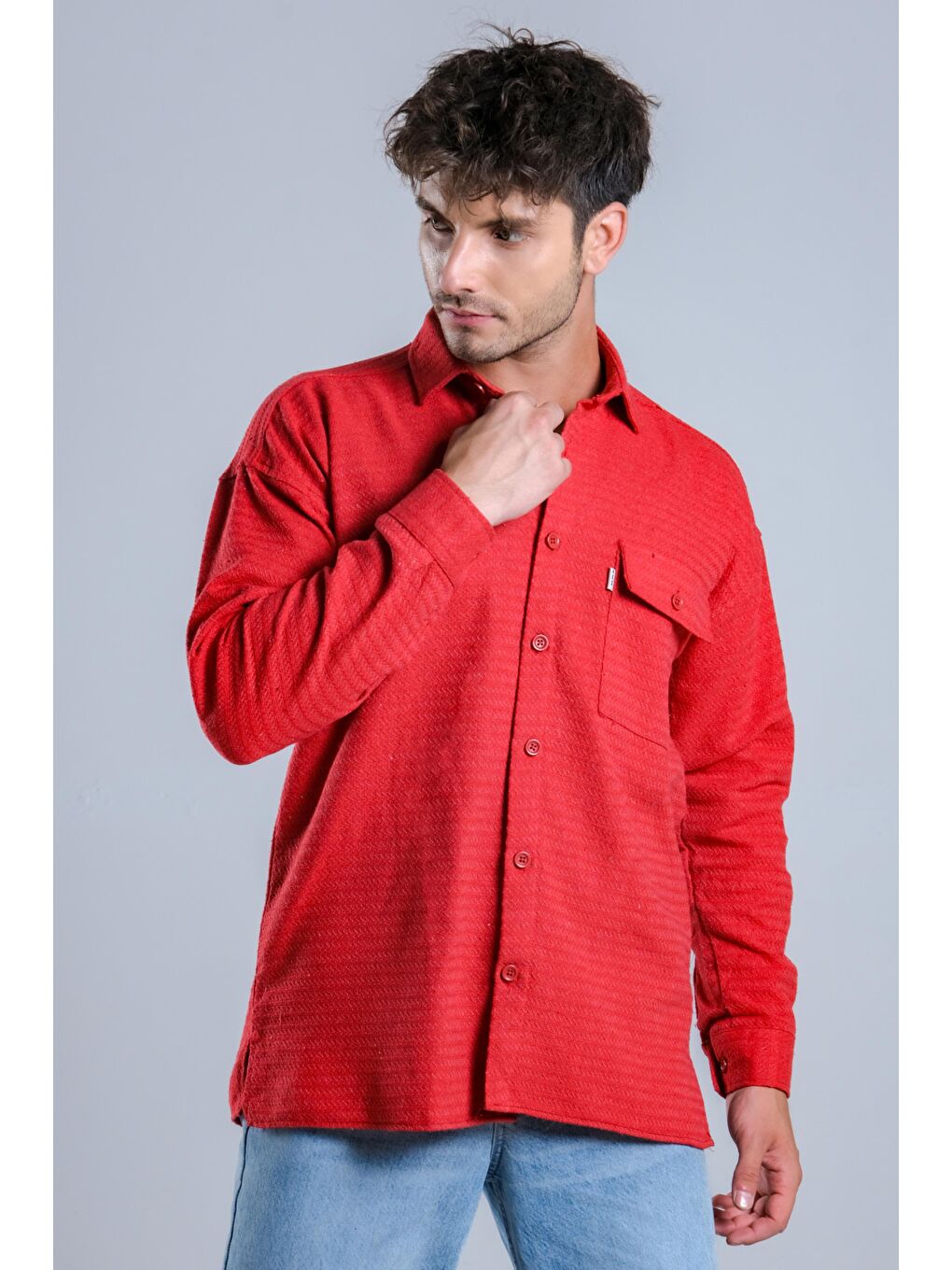 Kırmızı Oversize Tek Cepli Örme Gömlek MAR Over22-2