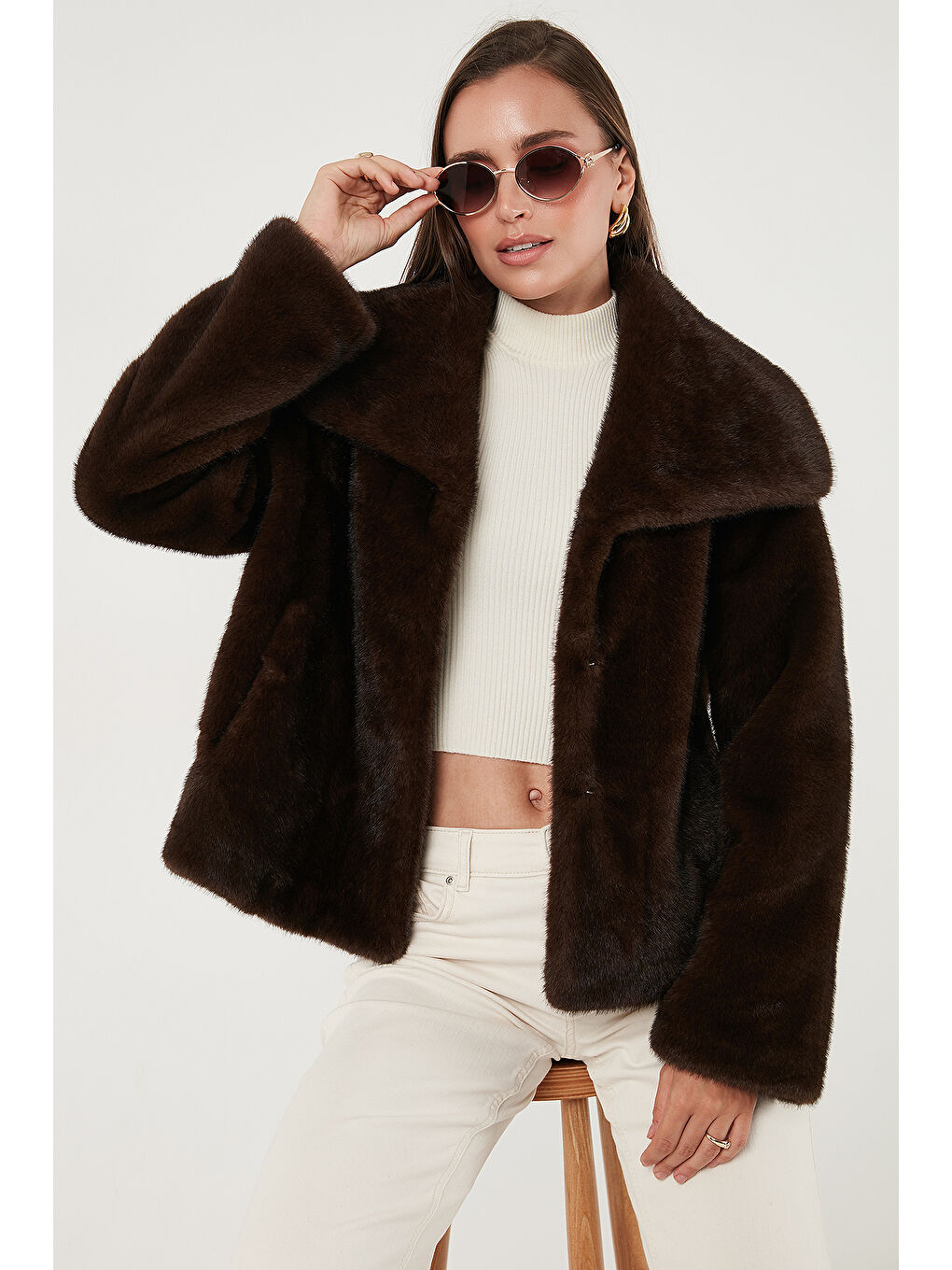 Kahverengi Oversize Fit Geniş Yaka Astarlı Kürk 497AFRA