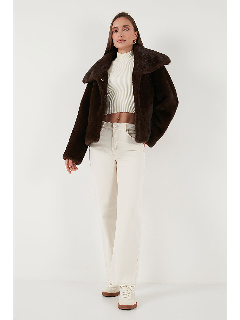 Kahverengi Oversize Fit Geniş Yaka Astarlı Kürk 497AFRA-1