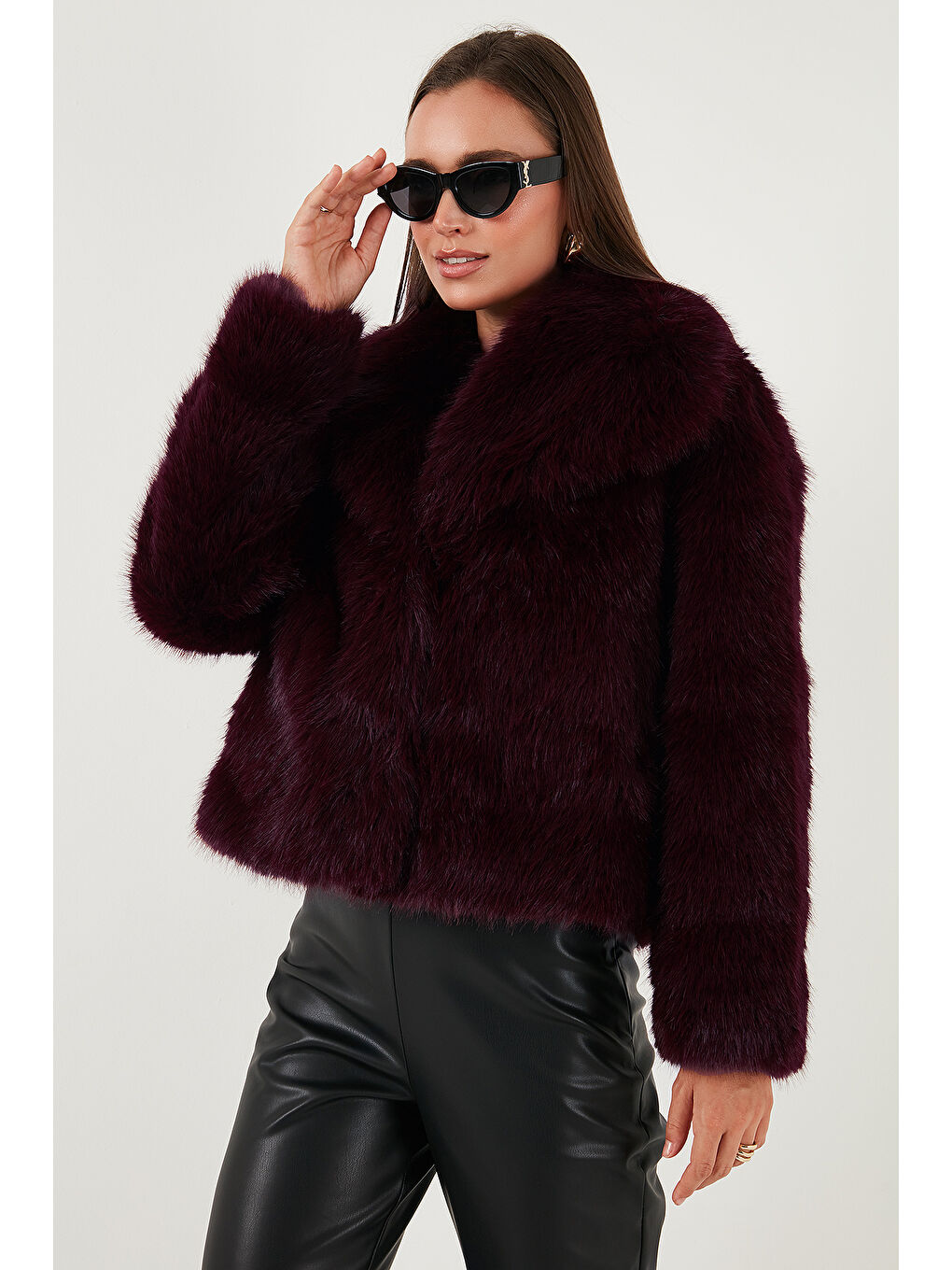 Bordo Oversize Fit Gömlek Yaka Cepli Astarlı Kürk Mont 497BERRY