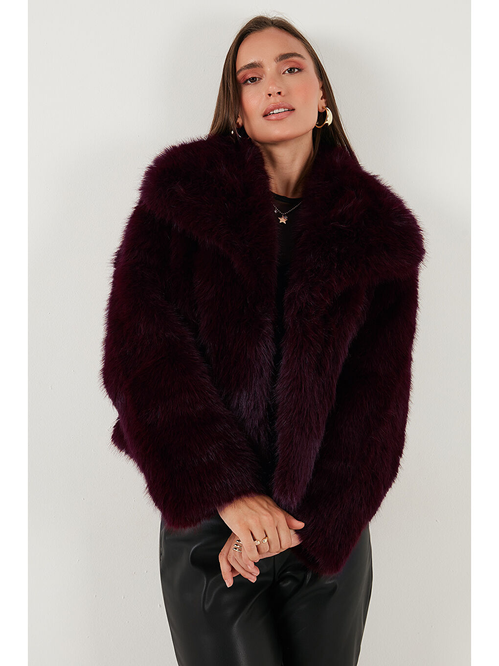 Bordo Oversize Fit Gömlek Yaka Cepli Astarlı Kürk Mont 497BERRY-2