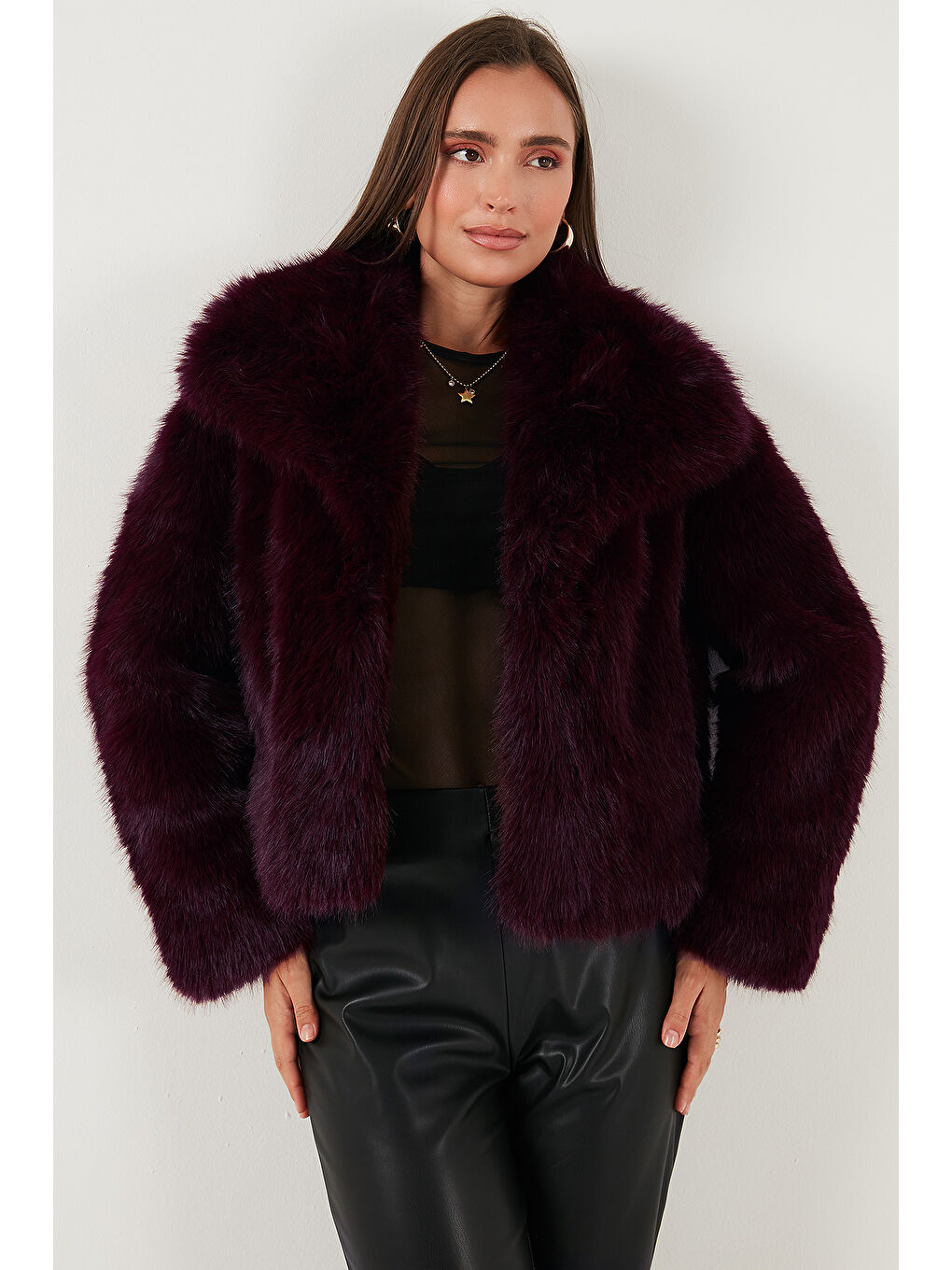 Bordo Oversize Fit Gömlek Yaka Cepli Astarlı Kürk Mont 497BERRY-3