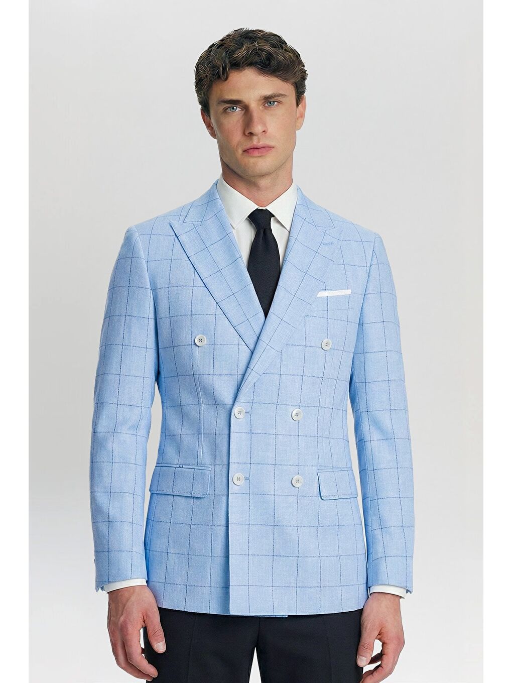Giotelli Mavi Ekose Sivri Yaka Roma Kalıp 6 Drop Astarsız Erkek Ceket