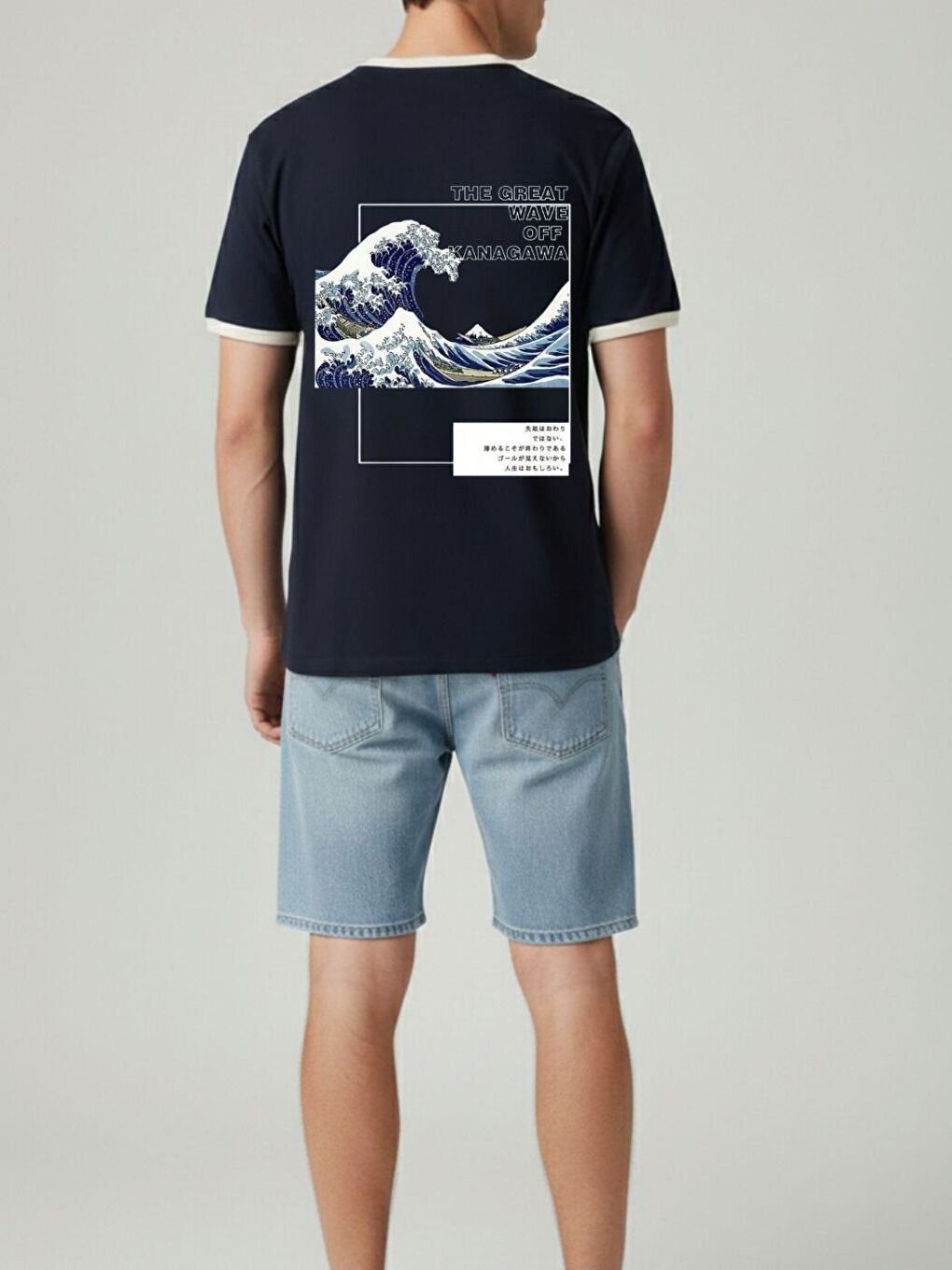 Unisex Lacivert Kanagawa Baskılı İnterlok Tişört