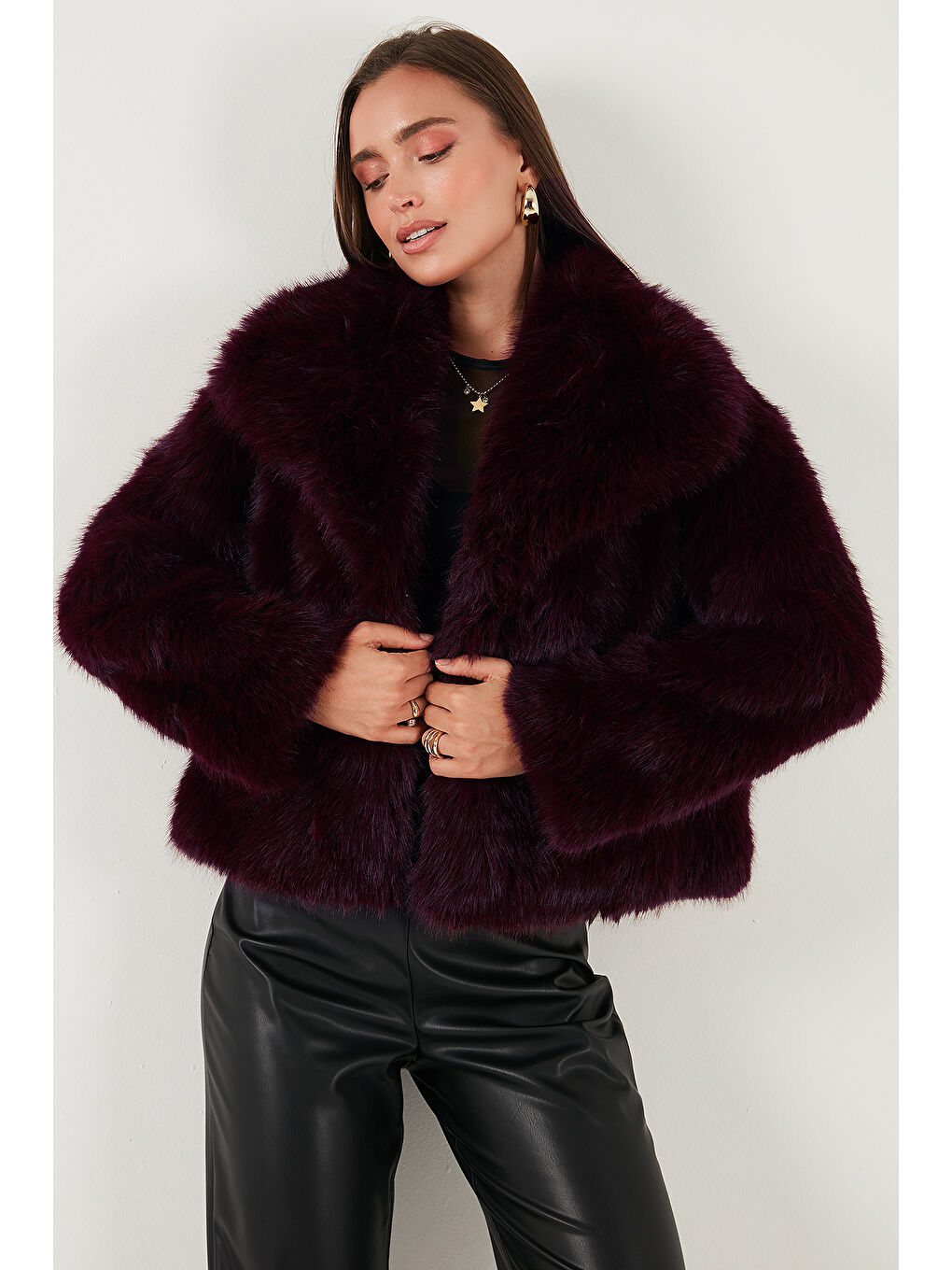 Bordo Oversize Fit Gömlek Yaka Cepli Astarlı Kürk Mont 497BERRY-4