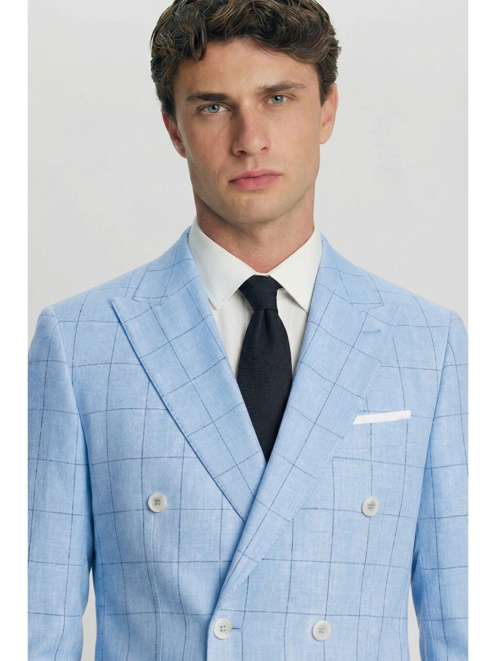 Giotelli Mavi Ekose Sivri Yaka Roma Kalıp 6 Drop Astarsız Erkek Ceket-1