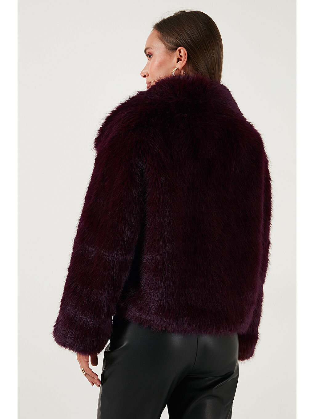 Bordo Oversize Fit Gömlek Yaka Cepli Astarlı Kürk Mont 497BERRY-5