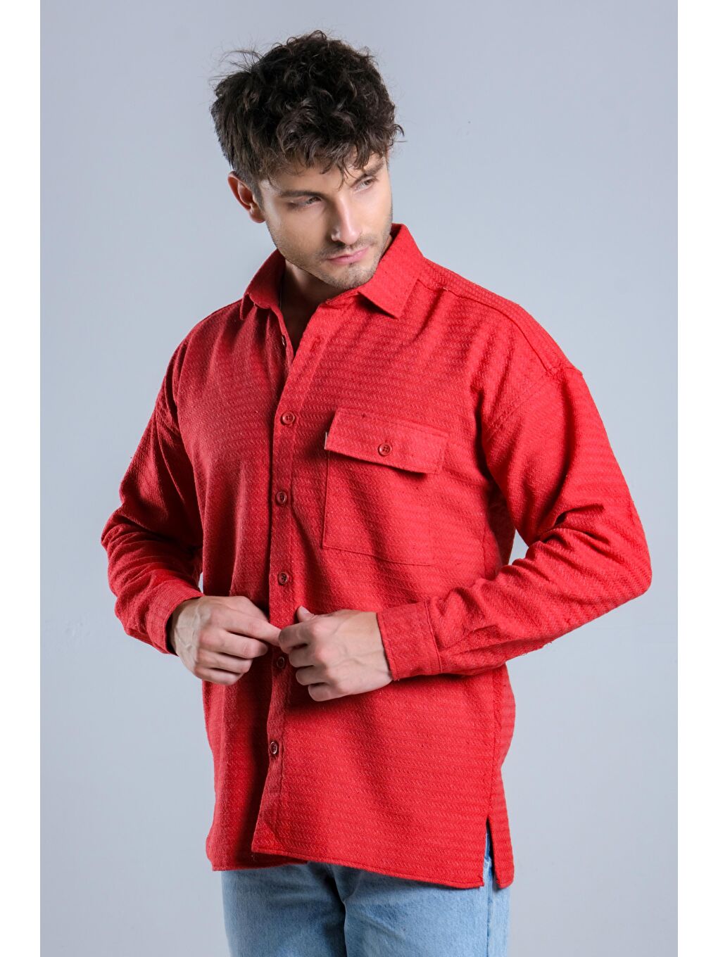Kırmızı Oversize Tek Cepli Örme Gömlek MAR Over22-3