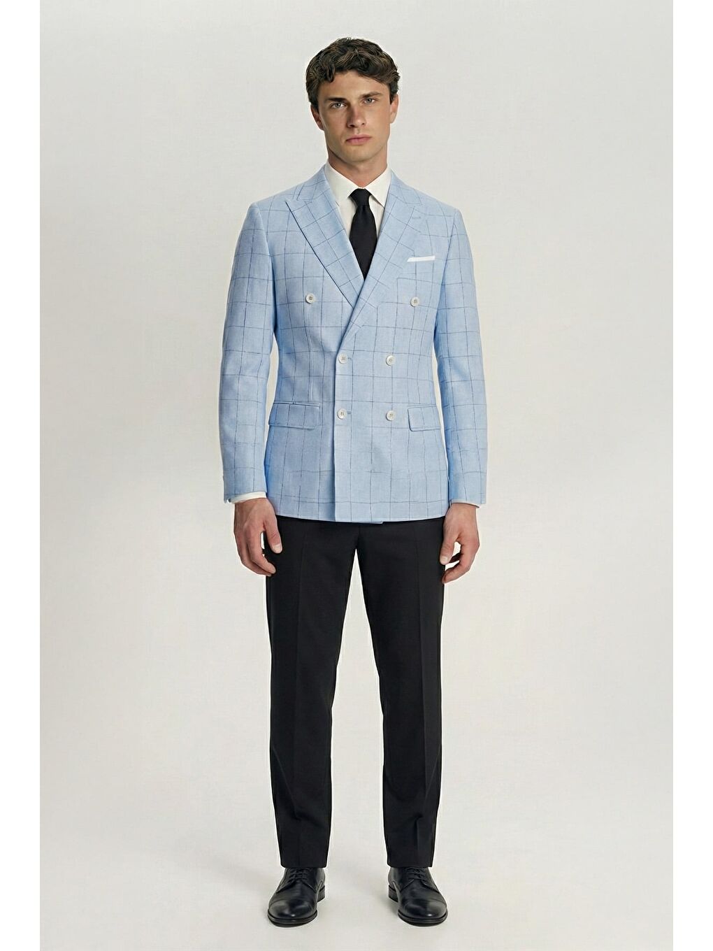 Giotelli Mavi Ekose Sivri Yaka Roma Kalıp 6 Drop Astarsız Erkek Ceket-3