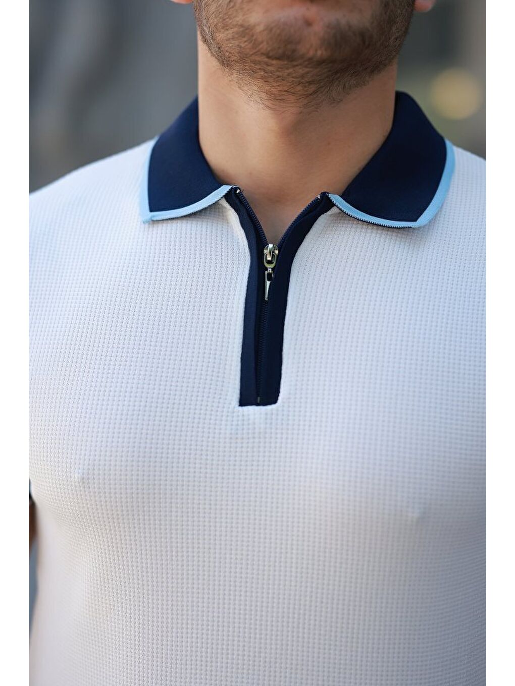 Beyaz Erkek Renkli Yaka Kısa Kollu Tişört-2