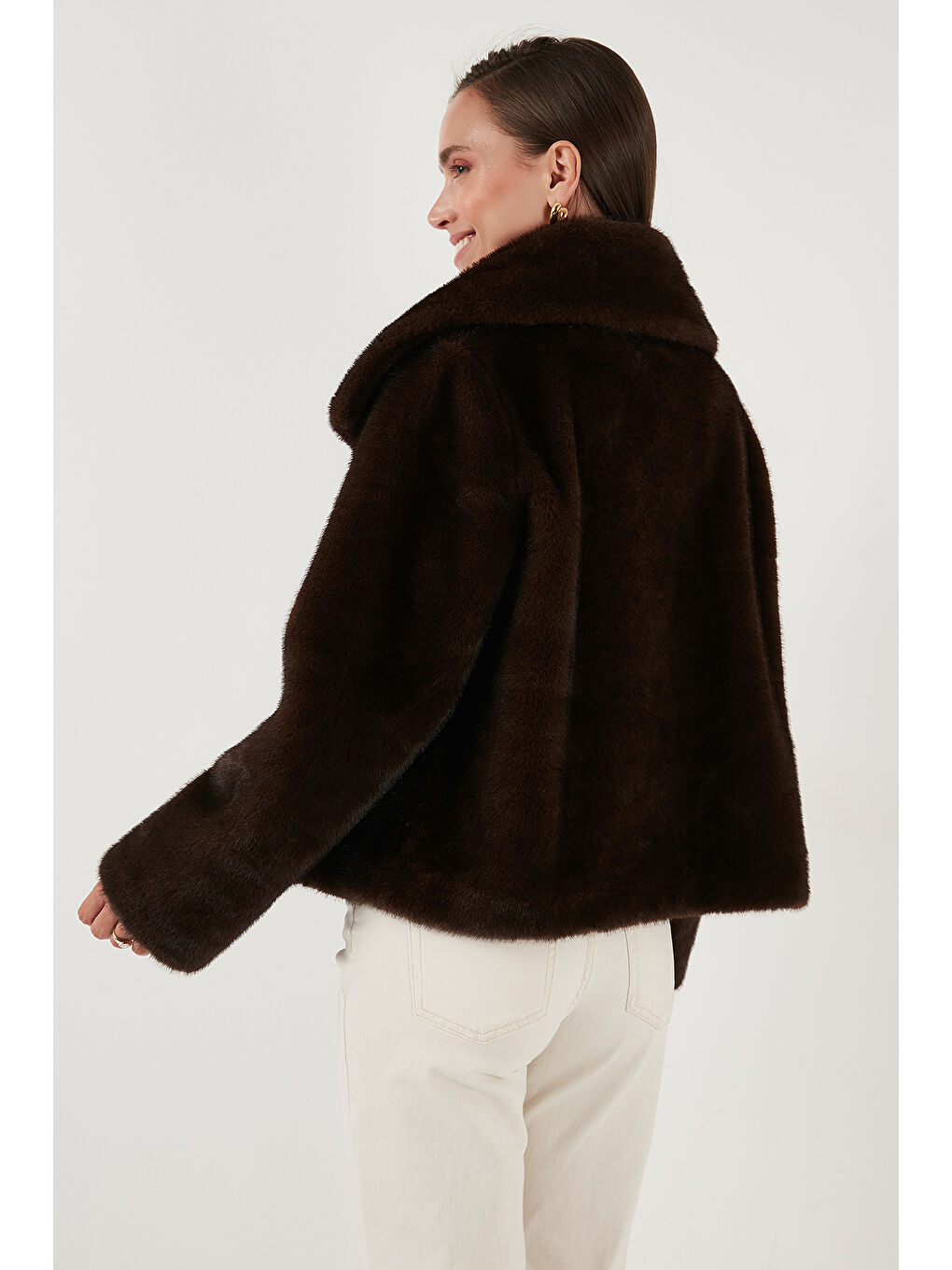 Kahverengi Oversize Fit Geniş Yaka Astarlı Kürk 497AFRA-6