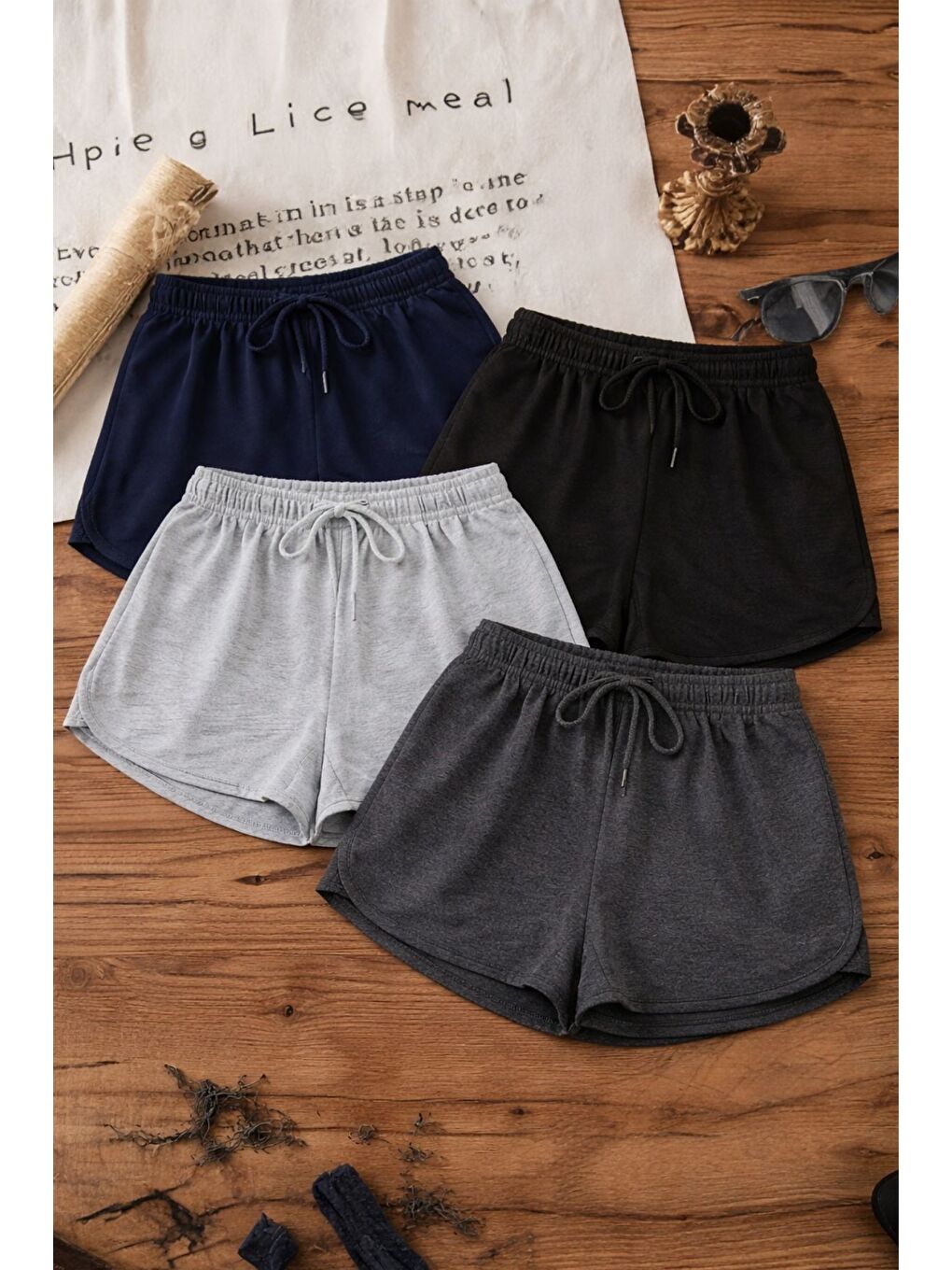 Karışık Kadın 4'lü Yırtmaçlı Penye Kumaş Regular Fit Siyah-Lacivert-Gri-Antrasit Kısa Mini Günlük Şort