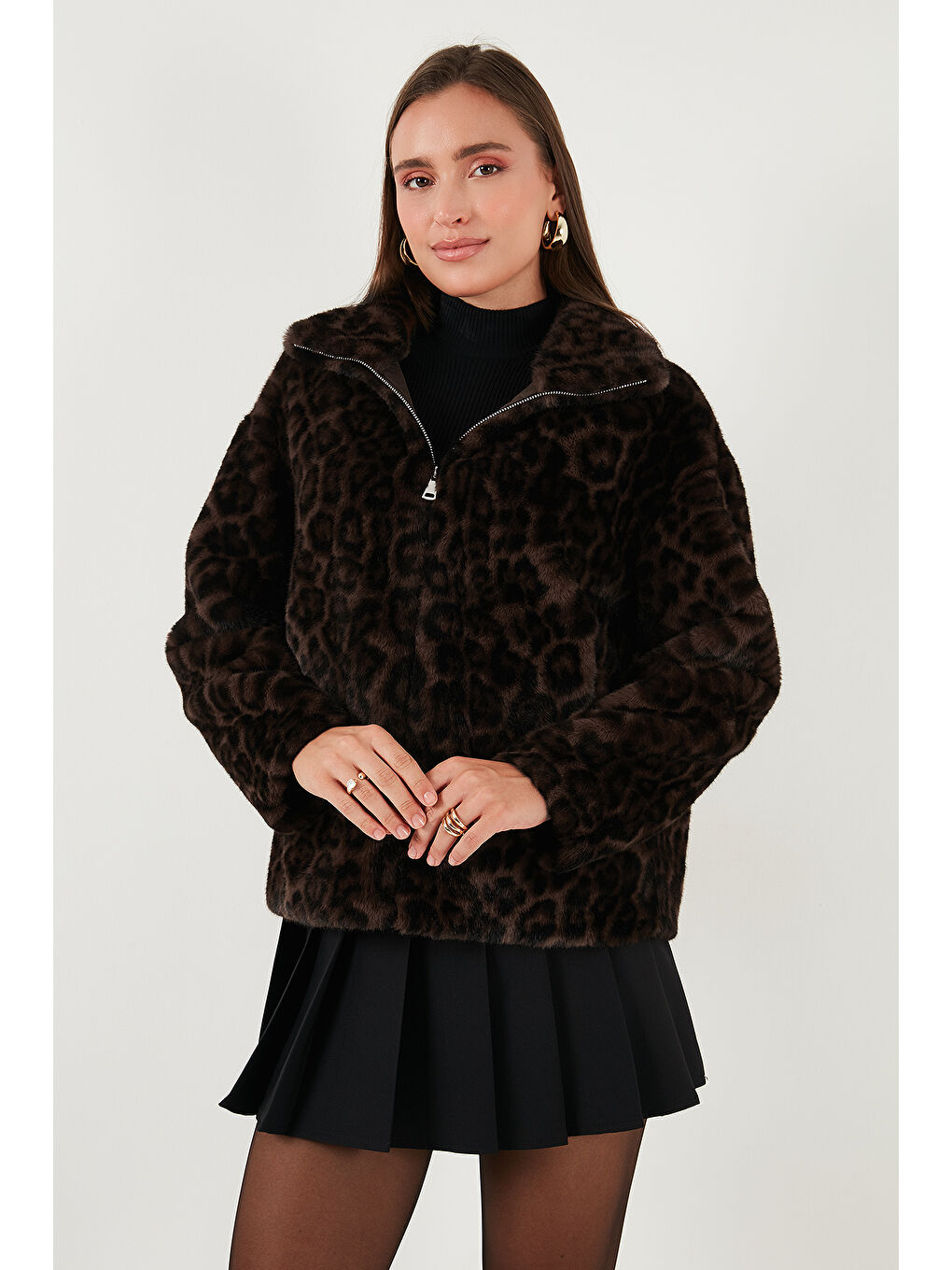 Kahverengi Oversize Fit Dik Yaka Fermuarlı Kürk 497ZETA-3