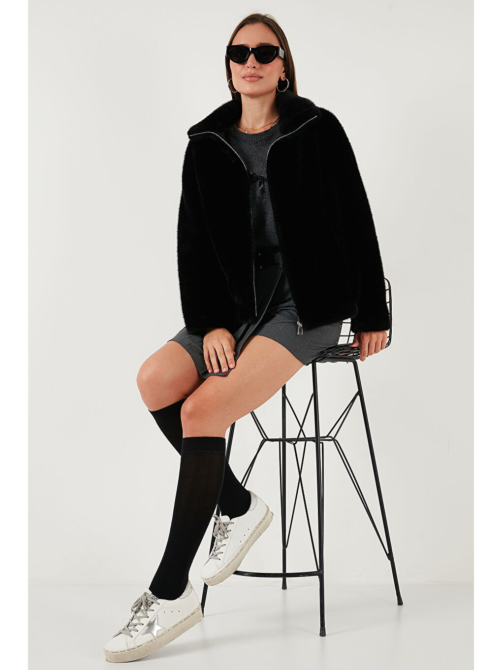 Siyah Oversize Fit Dik Yaka Fermuarlı Kürk 497ZETA-1