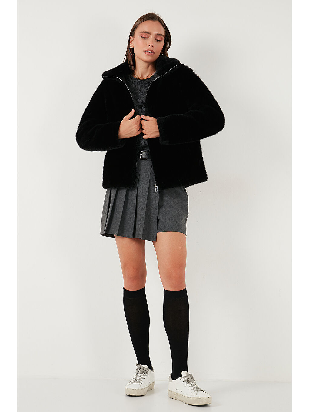 Siyah Oversize Fit Dik Yaka Fermuarlı Kürk 497ZETA-2