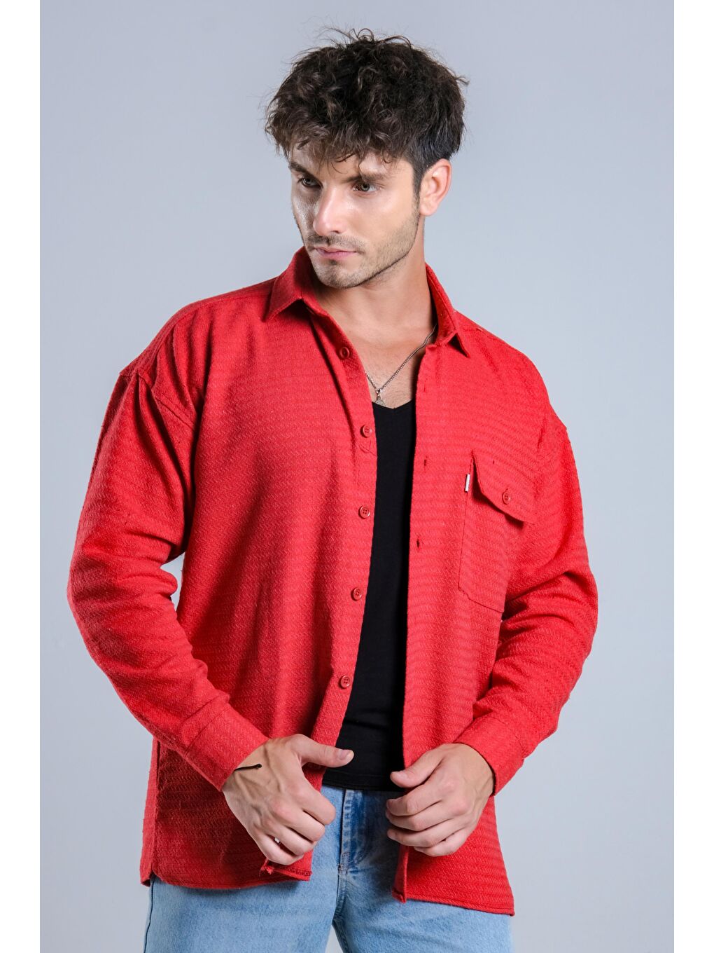 Kırmızı Oversize Tek Cepli Örme Gömlek MAR Over22-5
