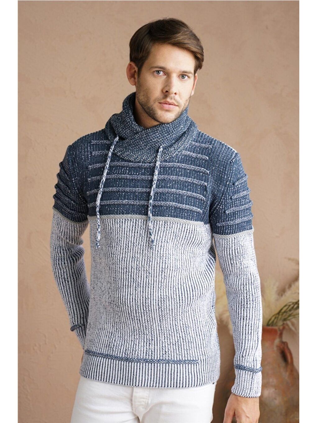 Erkek Mavi-gri Şal Yaka Göğüs Çizgili Triko Kazak-ipbyk001r99s